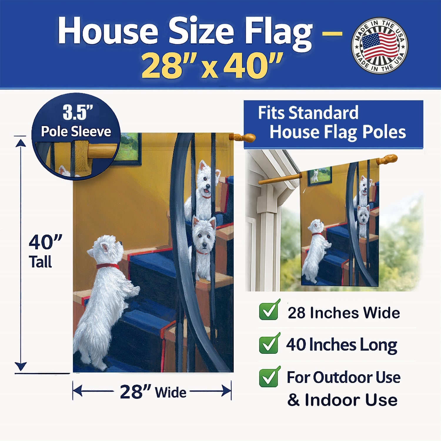 Westie Going Up House Flag 28x40 Porch Sleeve Pole Decorative Outside Yard Banner Artwork Wall Hanging, Polyester