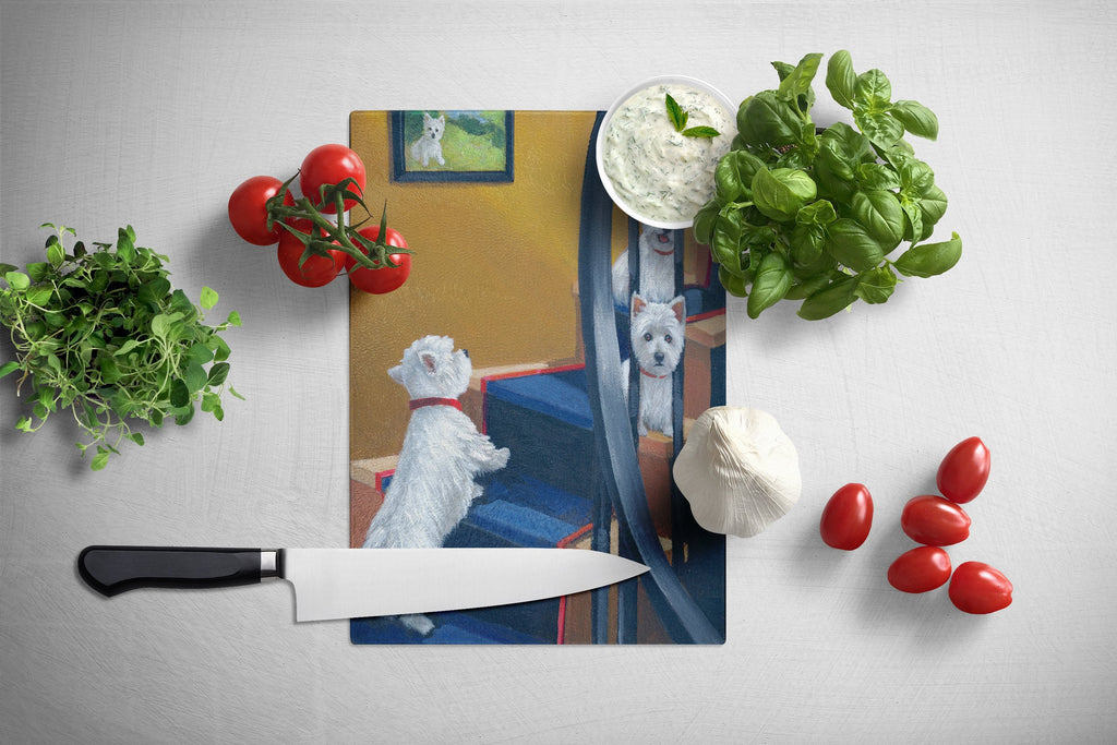 Westie Going Up Cutting Board Tempered Glass Kitchen Cutting Surface, Heat Resistant Chopping, Non-Slip Feet, Food Prep & Serving