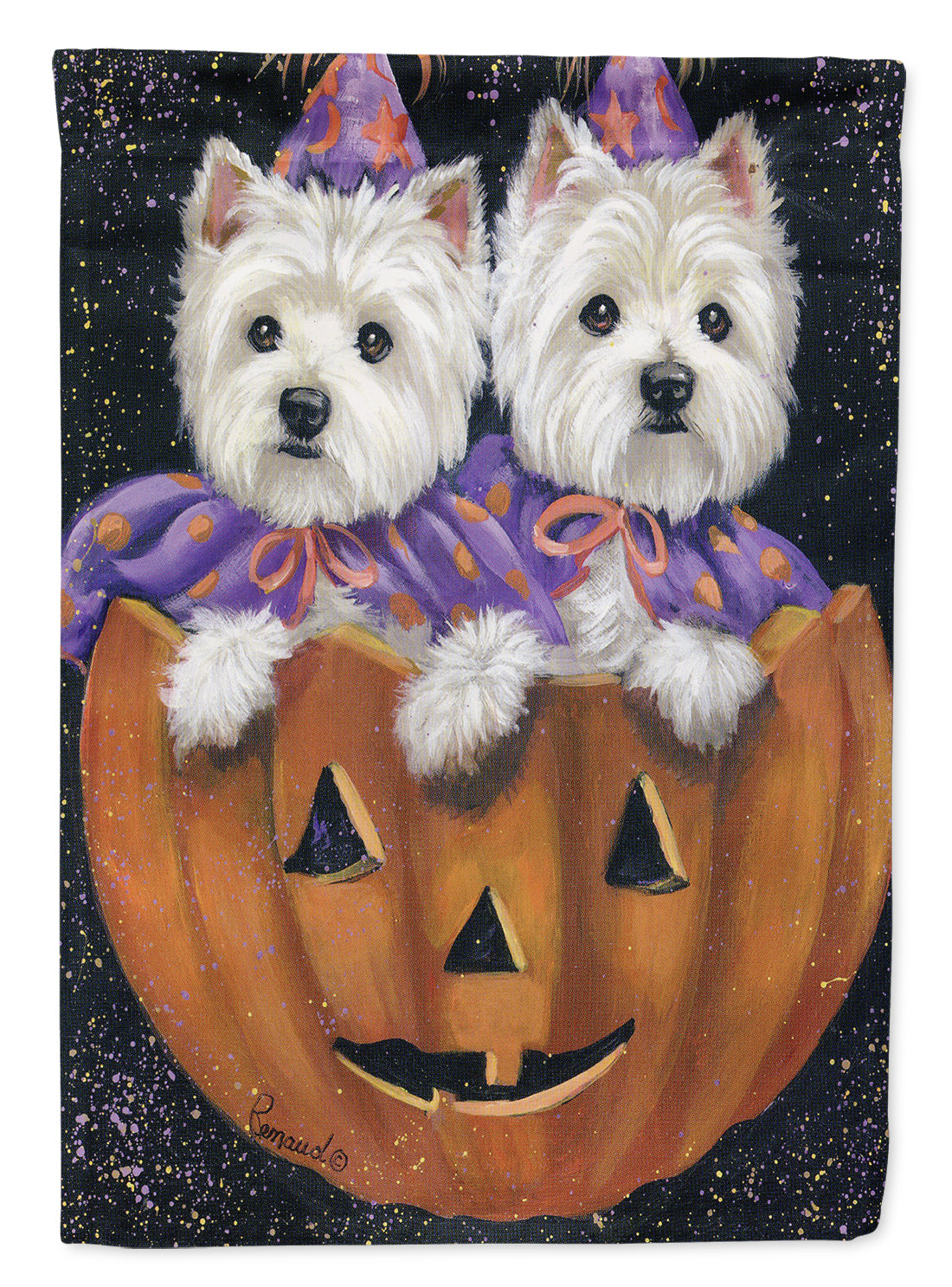 Westie Halloween Pumpkin Ride House Flag 28x40 Porch Sleeve Pole Decorative Outside Yard Banner Artwork Wall Hanging, Polyester