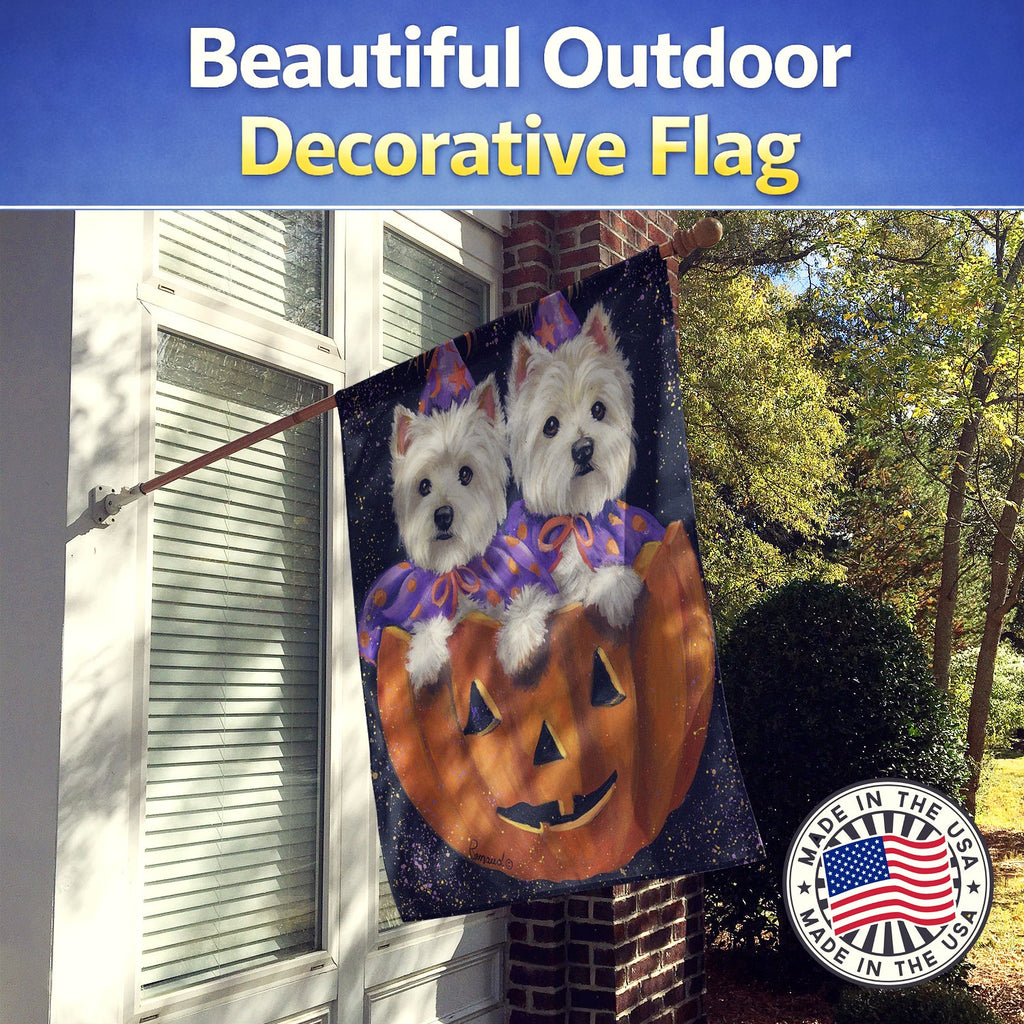 Westie Halloween Pumpkin Ride House Flag 28x40 Porch Sleeve Pole Decorative Outside Yard Banner Artwork Wall Hanging, Polyester