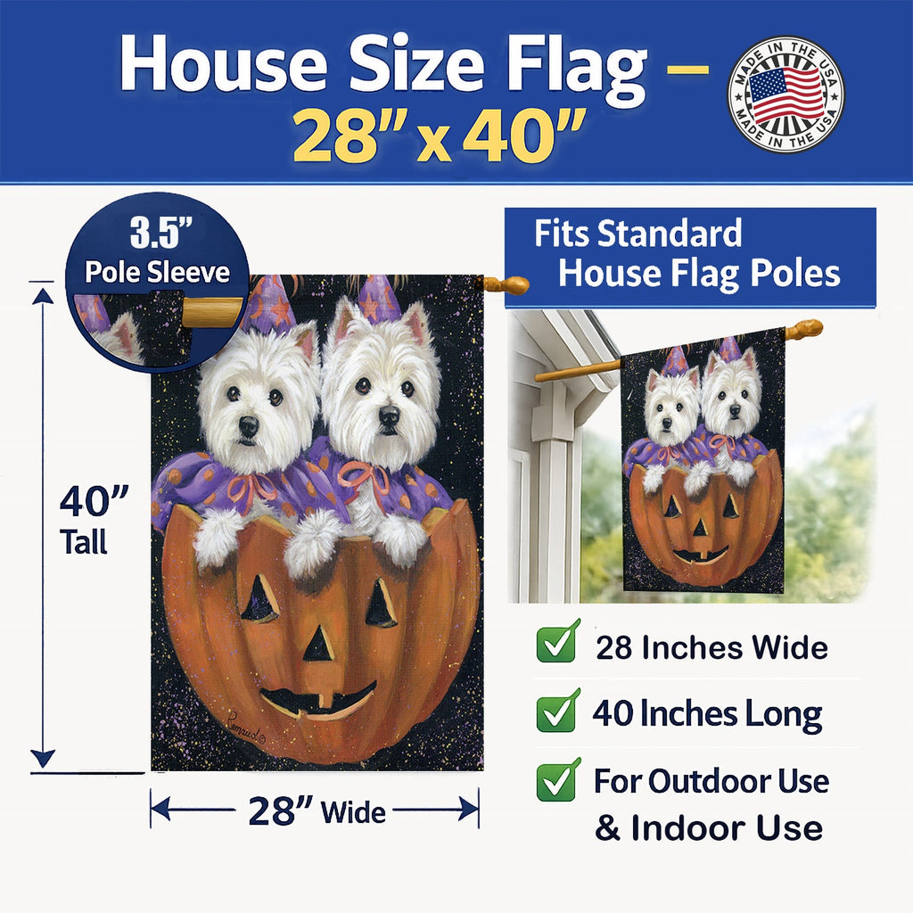 Westie Halloween Pumpkin Ride House Flag 28x40 Porch Sleeve Pole Decorative Outside Yard Banner Artwork Wall Hanging, Polyester