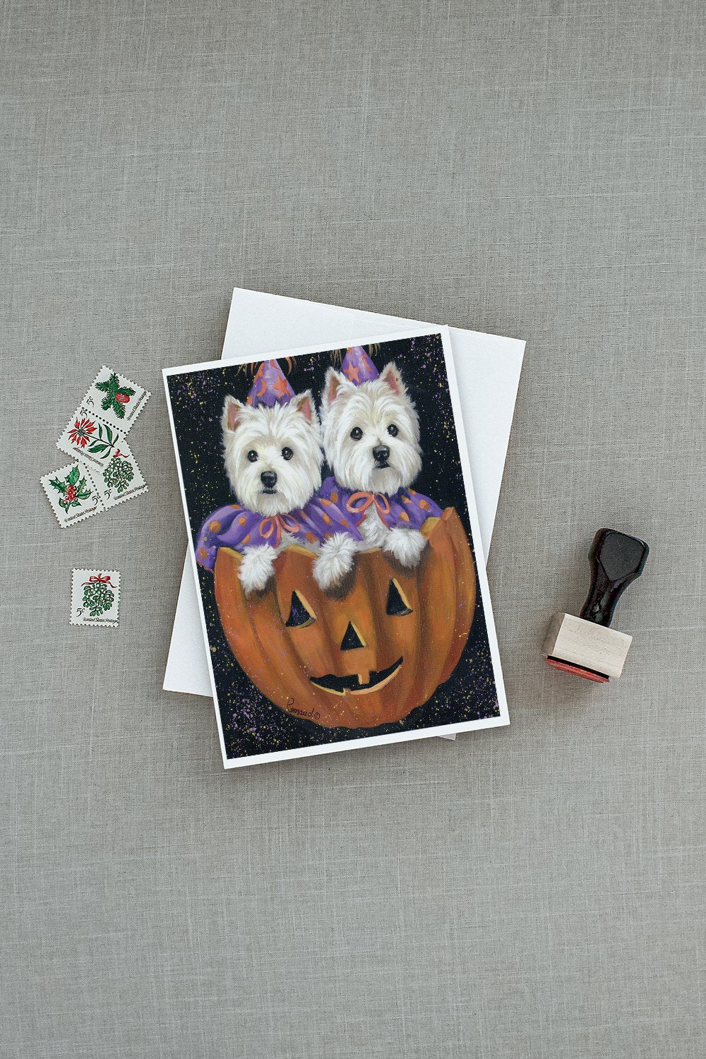 Westie Halloween Pumpkin Ride Greeting Cards Pack of 8 Blank Cards with Envelopes Whimsical A7 Size 5x7