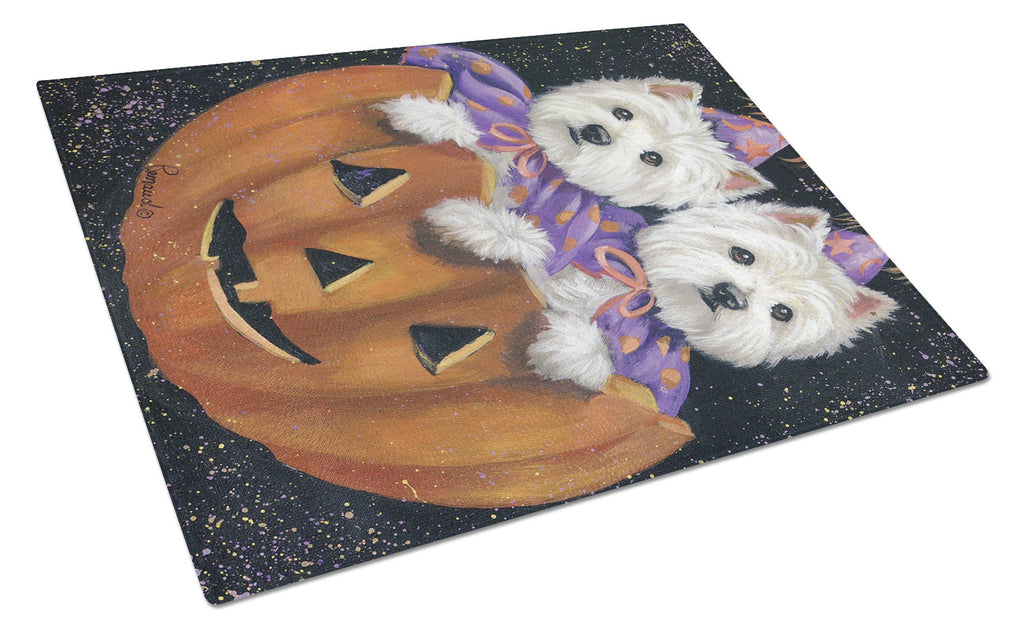 Westie Halloween Pumpkin Ride Cutting Board Tempered Glass Kitchen Cutting Surface, Heat Resistant Chopping, Non-Slip Feet, Food Prep & Serving