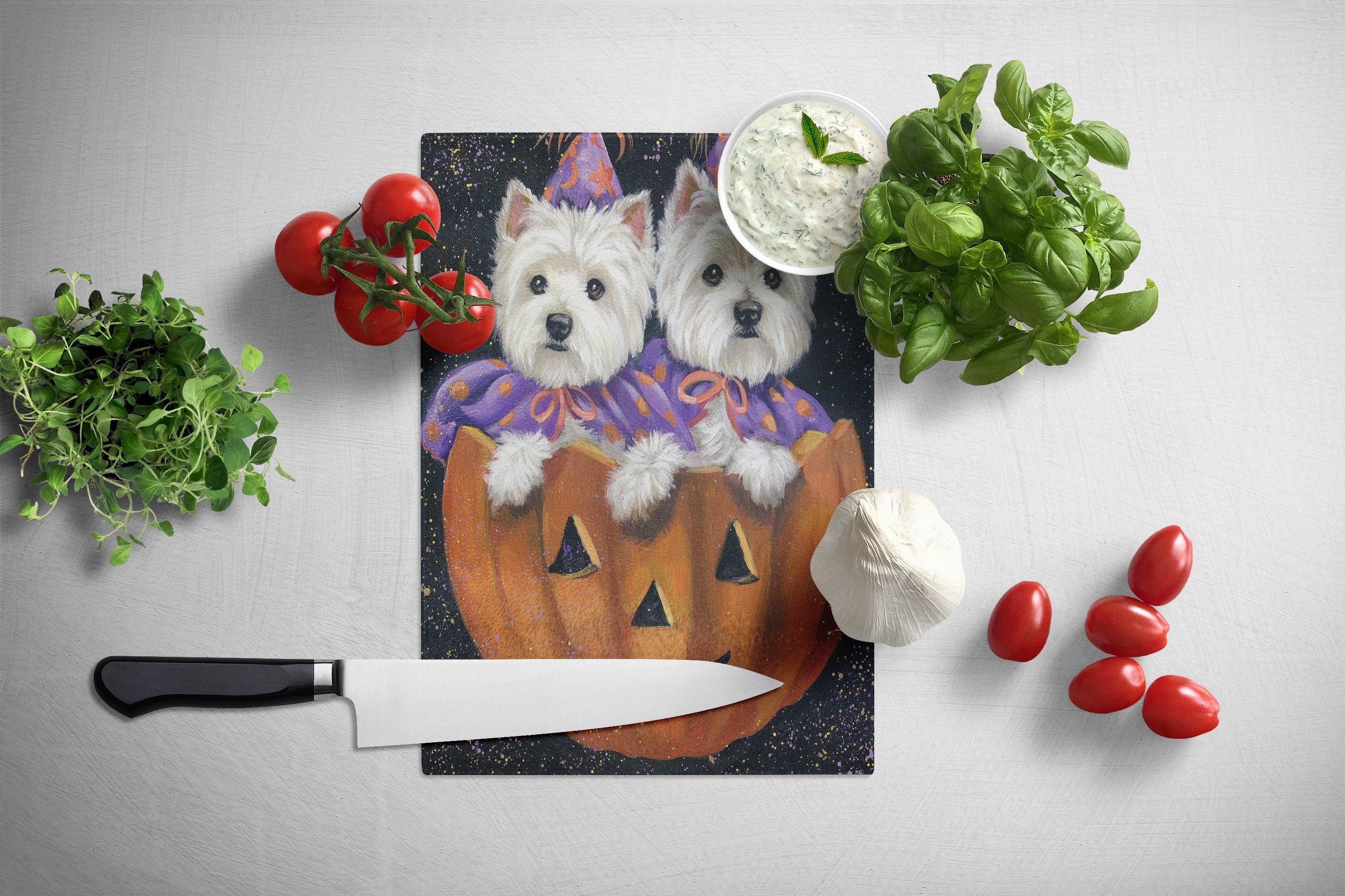 Westie Halloween Pumpkin Ride Cutting Board Tempered Glass Kitchen Cutting Surface, Heat Resistant Chopping, Non-Slip Feet, Food Prep & Serving
