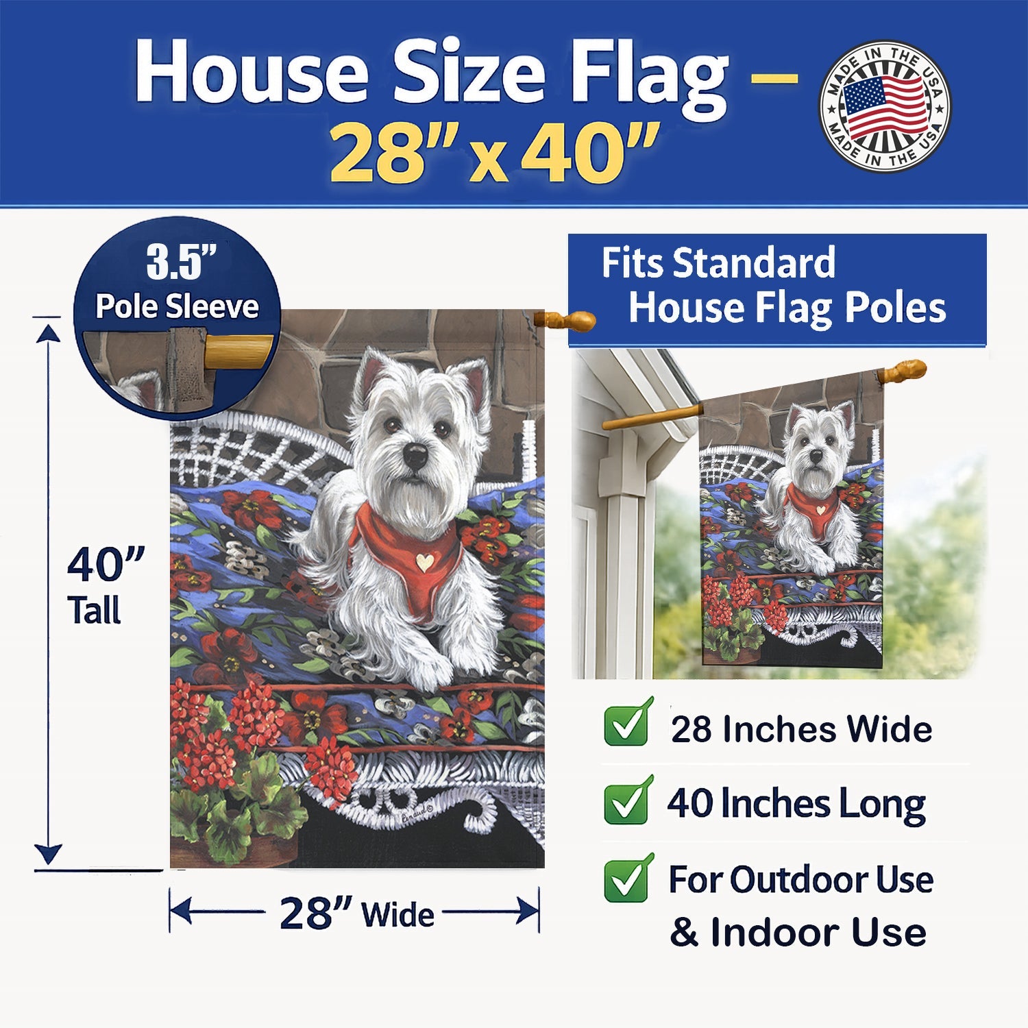 Westie Hannah Mae House Flag 28x40 Porch Sleeve Pole Decorative Outside Yard Banner Artwork Wall Hanging, Polyester
