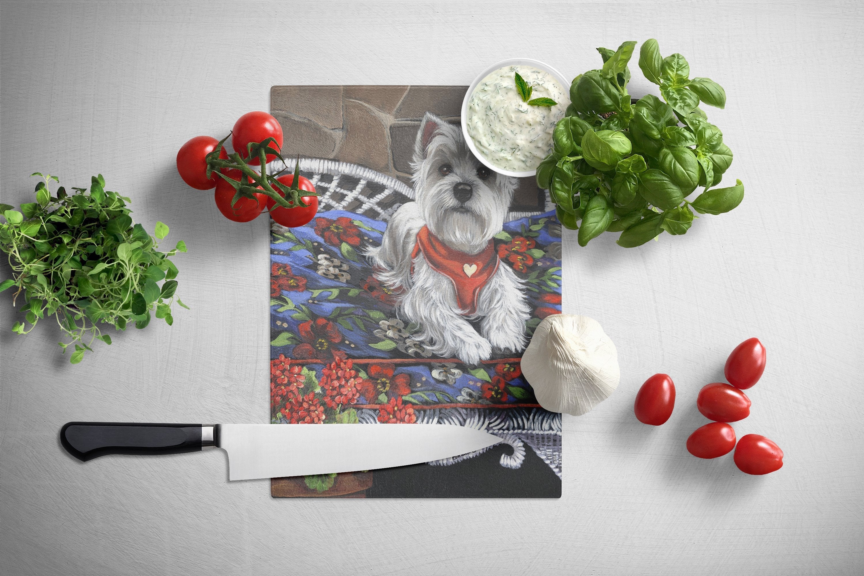 Westie Hannah Mae Cutting Board Tempered Glass Kitchen Cutting Surface, Heat Resistant Chopping, Non-Slip Feet, Food Prep & Serving