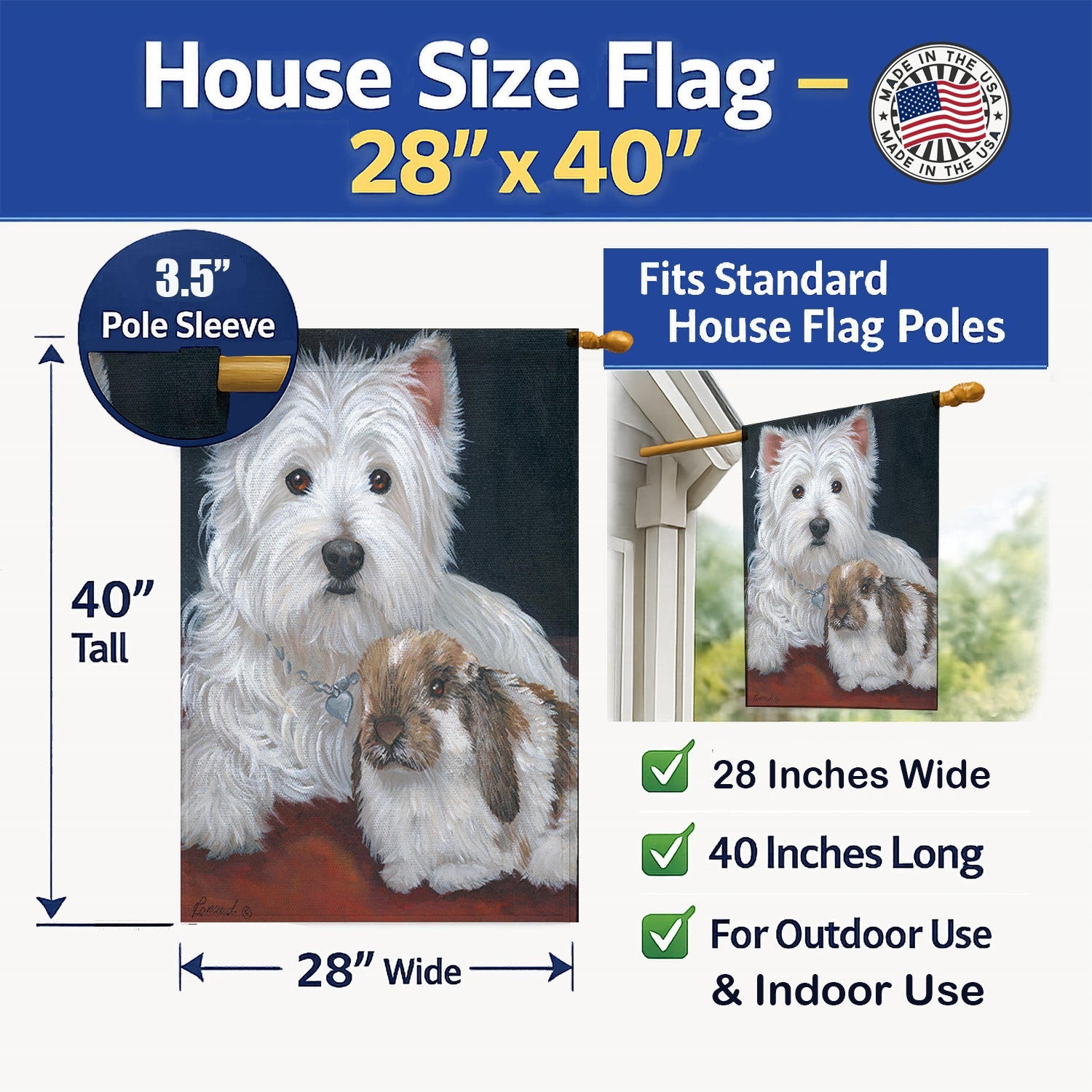 Westie Rabbit Harmony House Flag 28x40 Porch Sleeve Pole Decorative Outside Yard Banner Artwork Wall Hanging, Polyester