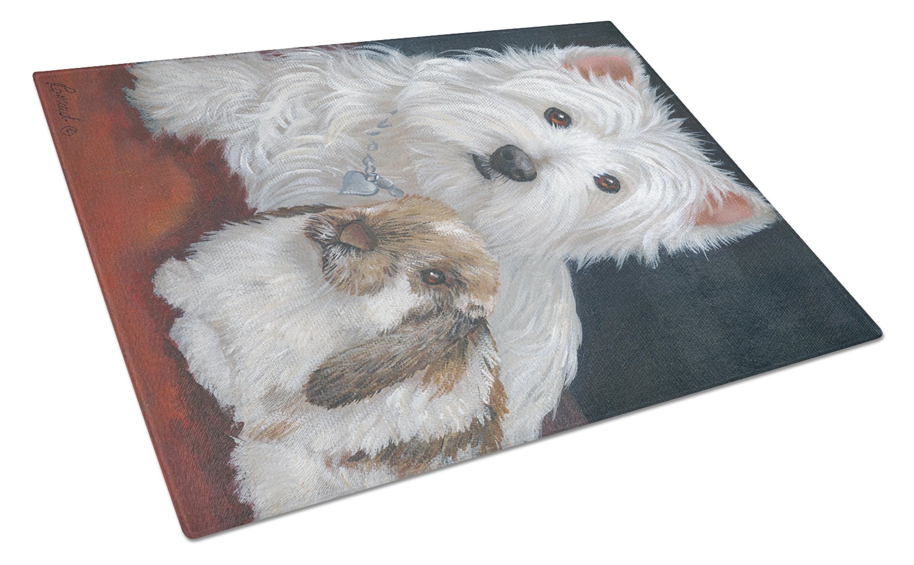Westie Rabbit Harmony Cutting Board Tempered Glass Kitchen Cutting Surface, Heat Resistant Chopping, Non-Slip Feet, Food Prep & Serving