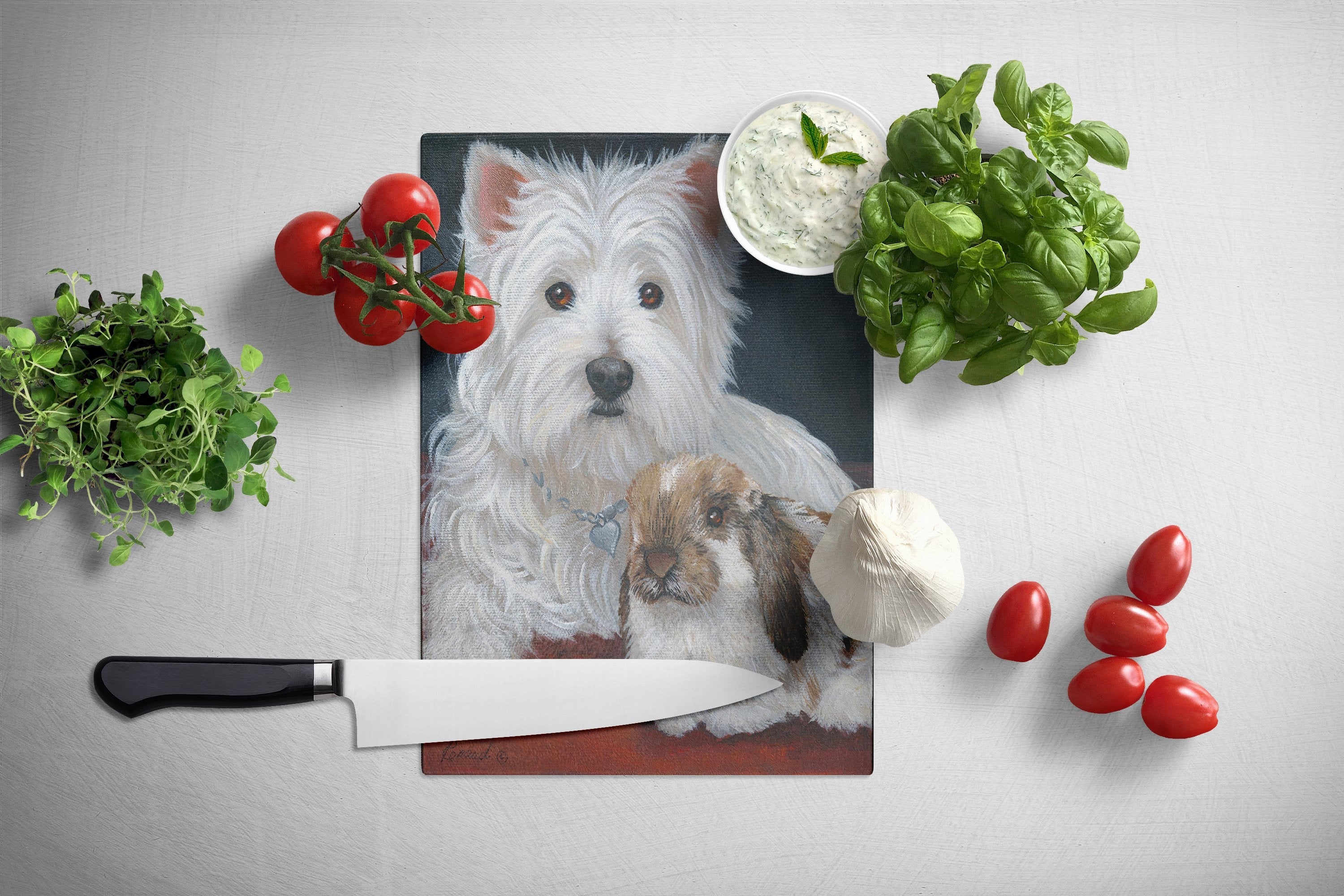 Westie Rabbit Harmony Cutting Board Tempered Glass Kitchen Cutting Surface, Heat Resistant Chopping, Non-Slip Feet, Food Prep & Serving