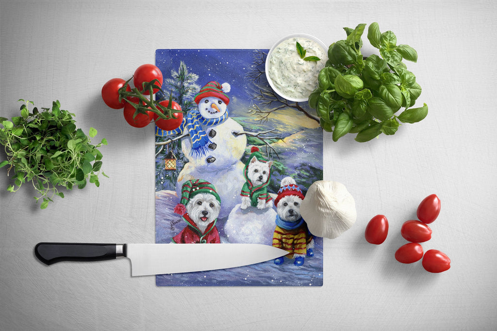 Westie Holiay Snowballs Cutting Board Tempered Glass Kitchen Cutting Surface, Heat Resistant Chopping, Non-Slip Feet, Food Prep & Serving