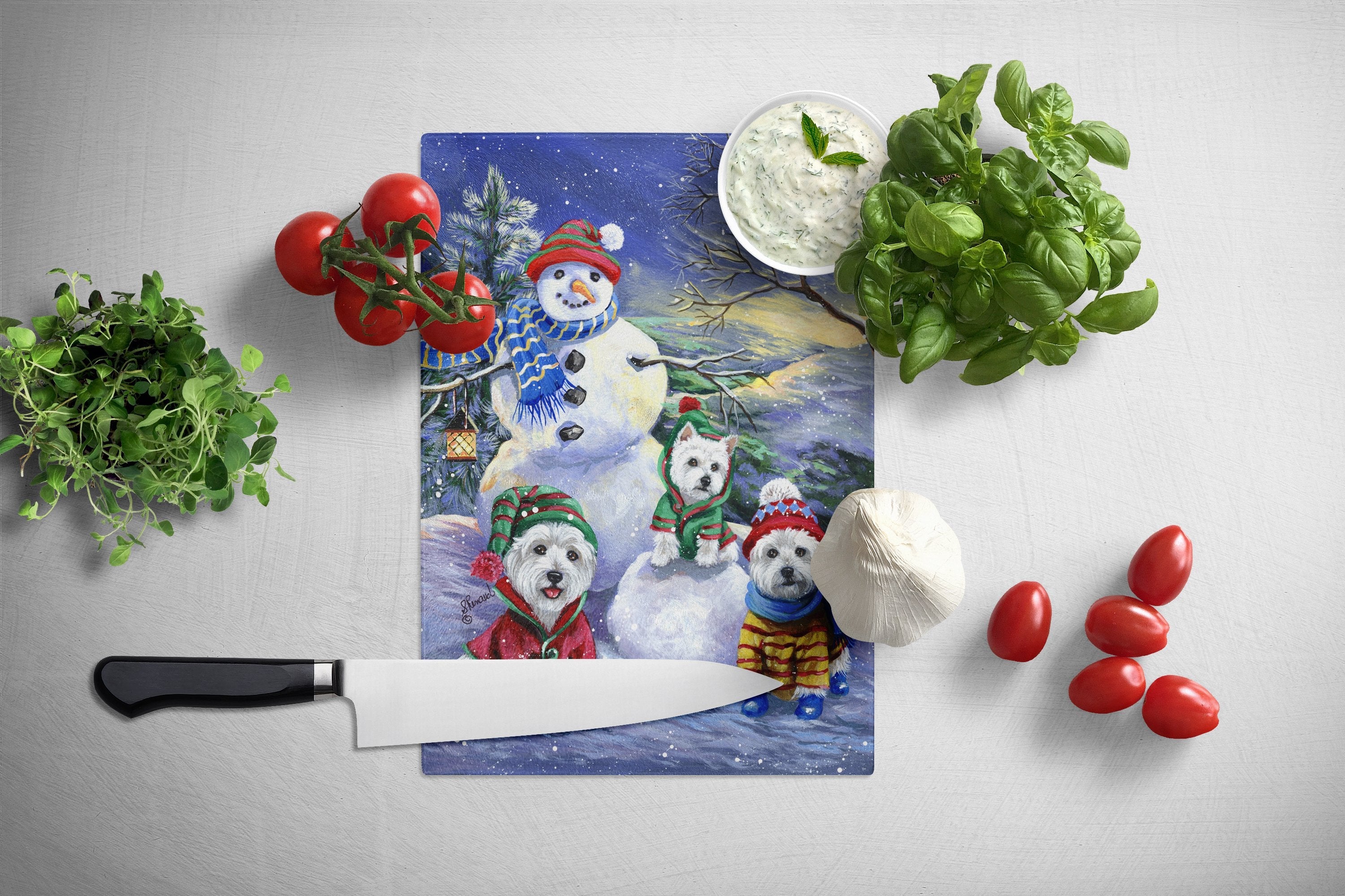 Westie Holiay Snowballs Cutting Board Tempered Glass Kitchen Cutting Surface, Heat Resistant Chopping, Non-Slip Feet, Food Prep & Serving