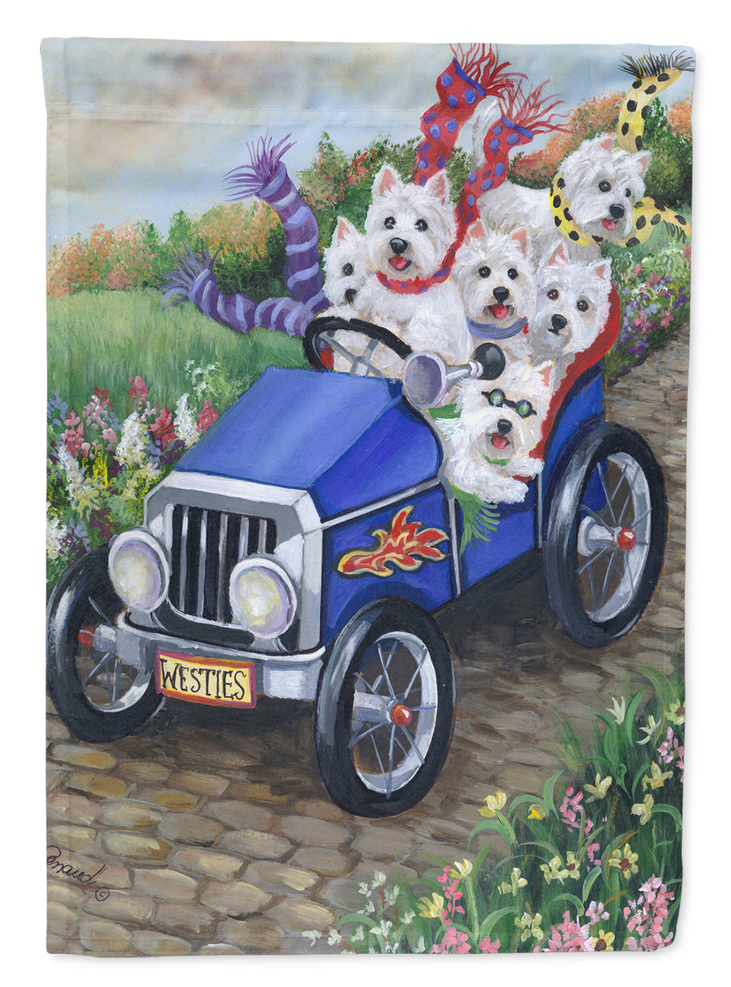 Westie Hot Rod House Flag 28x40 Porch Sleeve Pole Decorative Outside Yard Banner Artwork Wall Hanging, Polyester