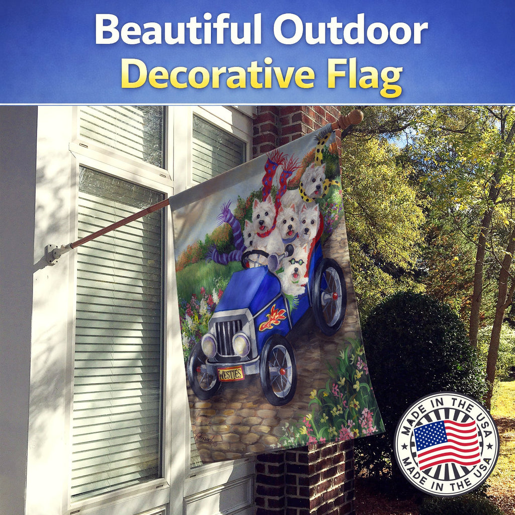 Westie Hot Rod House Flag 28x40 Porch Sleeve Pole Decorative Outside Yard Banner Artwork Wall Hanging, Polyester