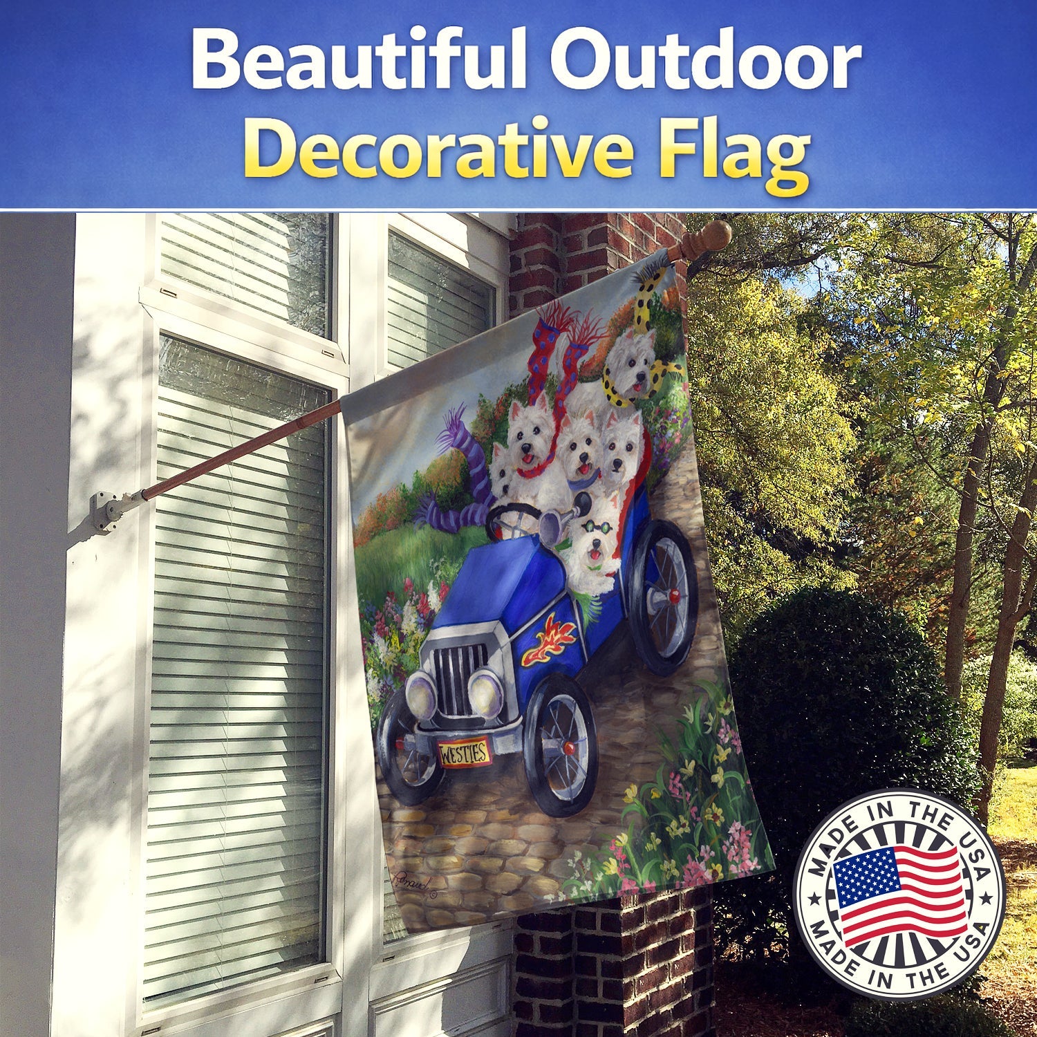 Westie Hot Rod House Flag 28x40 Porch Sleeve Pole Decorative Outside Yard Banner Artwork Wall Hanging, Polyester