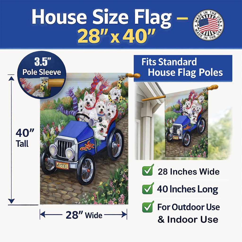 Westie Hot Rod House Flag 28x40 Porch Sleeve Pole Decorative Outside Yard Banner Artwork Wall Hanging, Polyester
