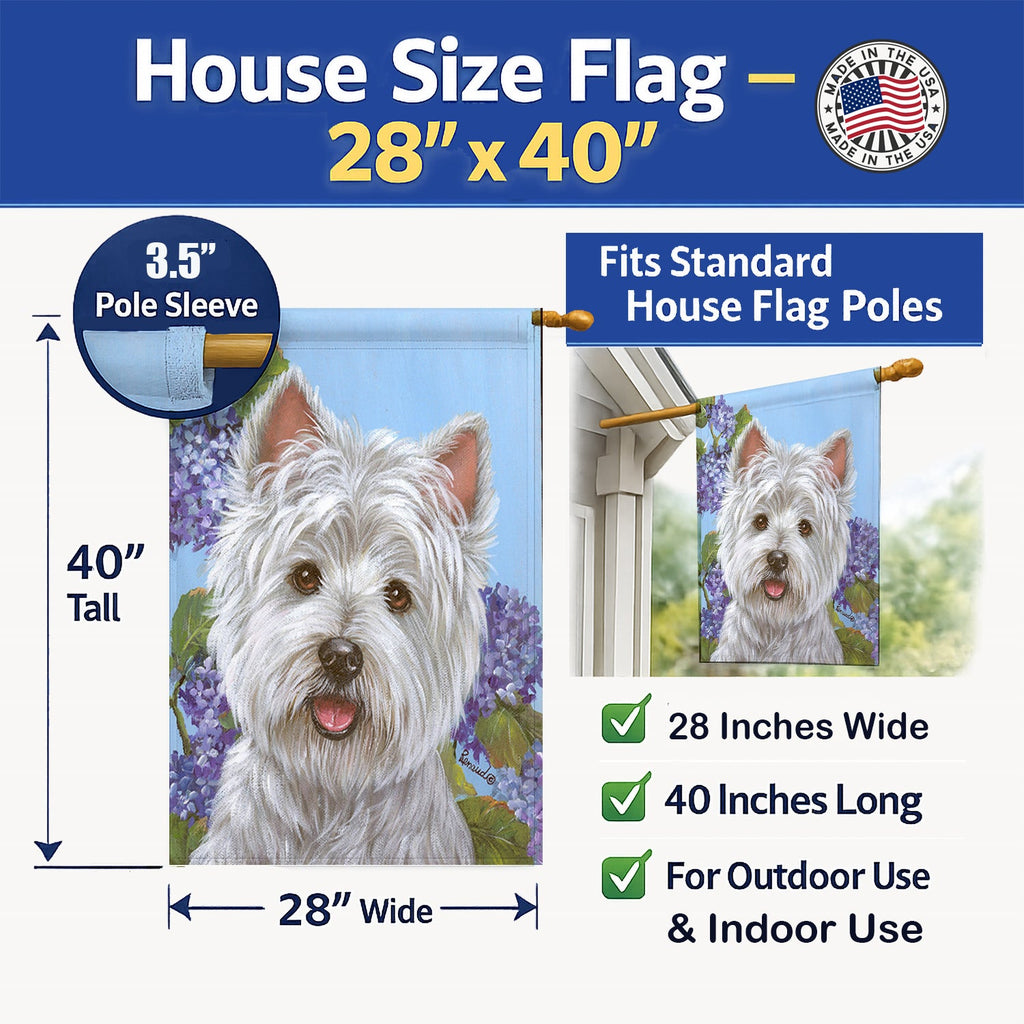 Westie Hydrangea House Flag 28x40 Porch Sleeve Pole Decorative Outside Yard Banner Artwork Wall Hanging, Polyester