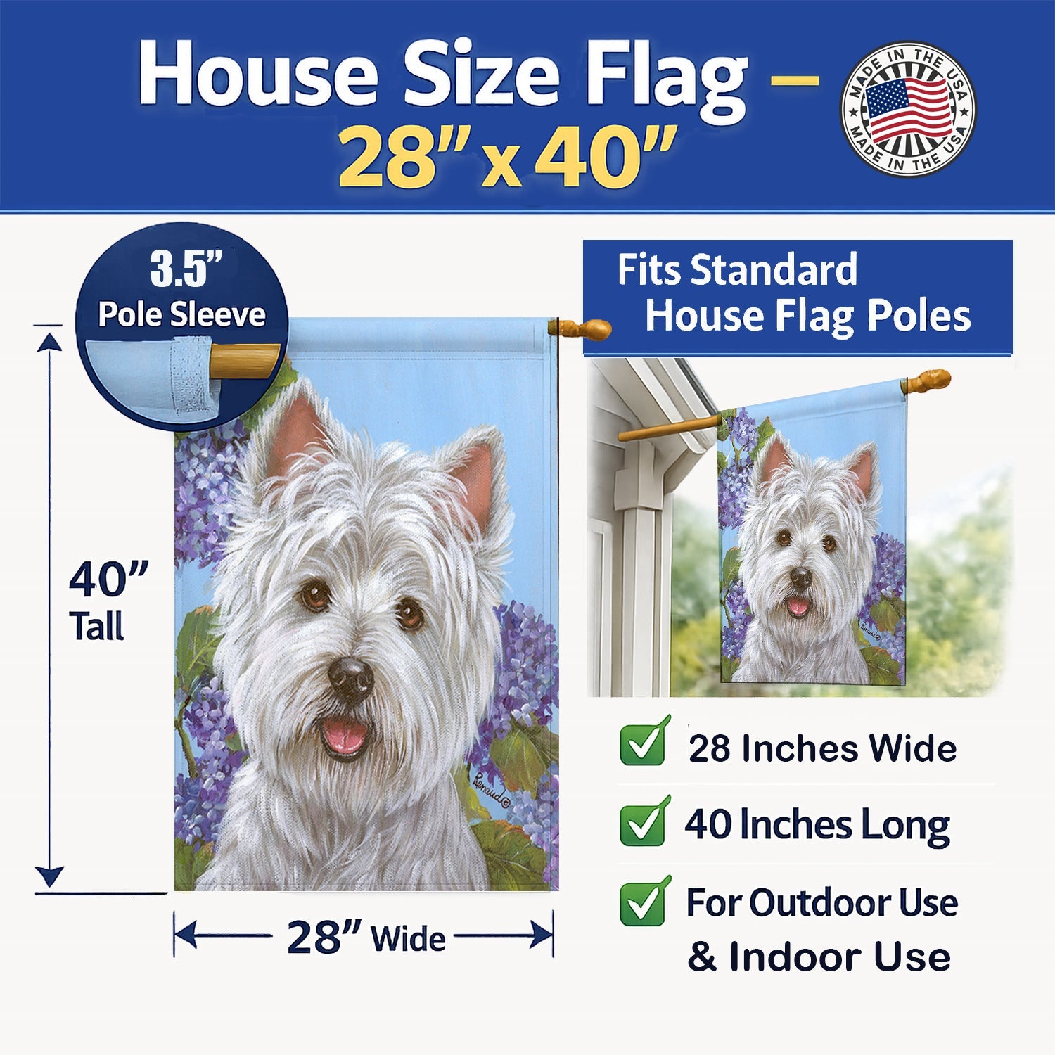 Westie Hydrangea House Flag 28x40 Porch Sleeve Pole Decorative Outside Yard Banner Artwork Wall Hanging, Polyester