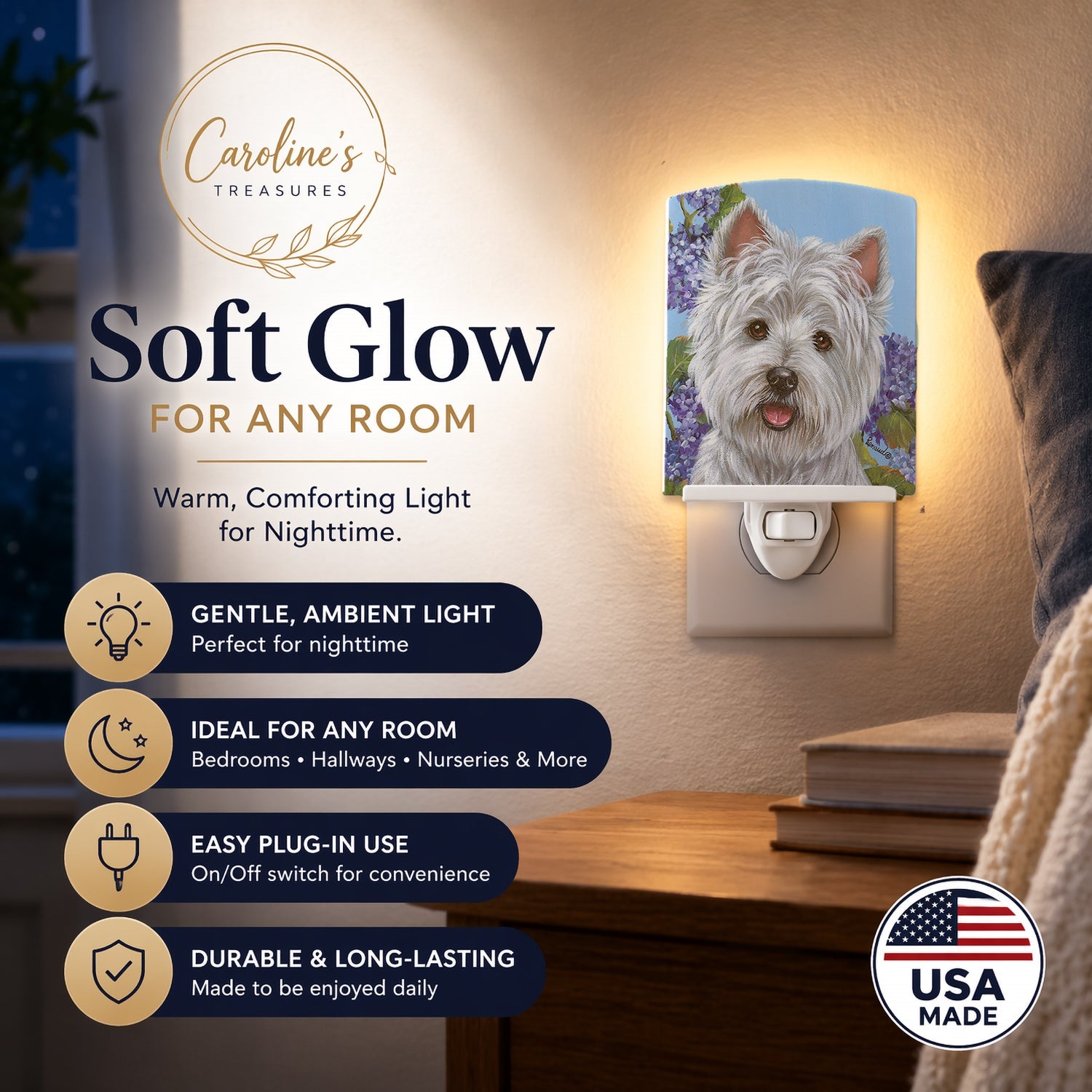 Westie Hydrangea Ceramic Night Light Compact, UL-Certified, Ideal for Bedroom, Bathroom, Nursery, Hallway, Kitchen, 6x4x3, Multicolor