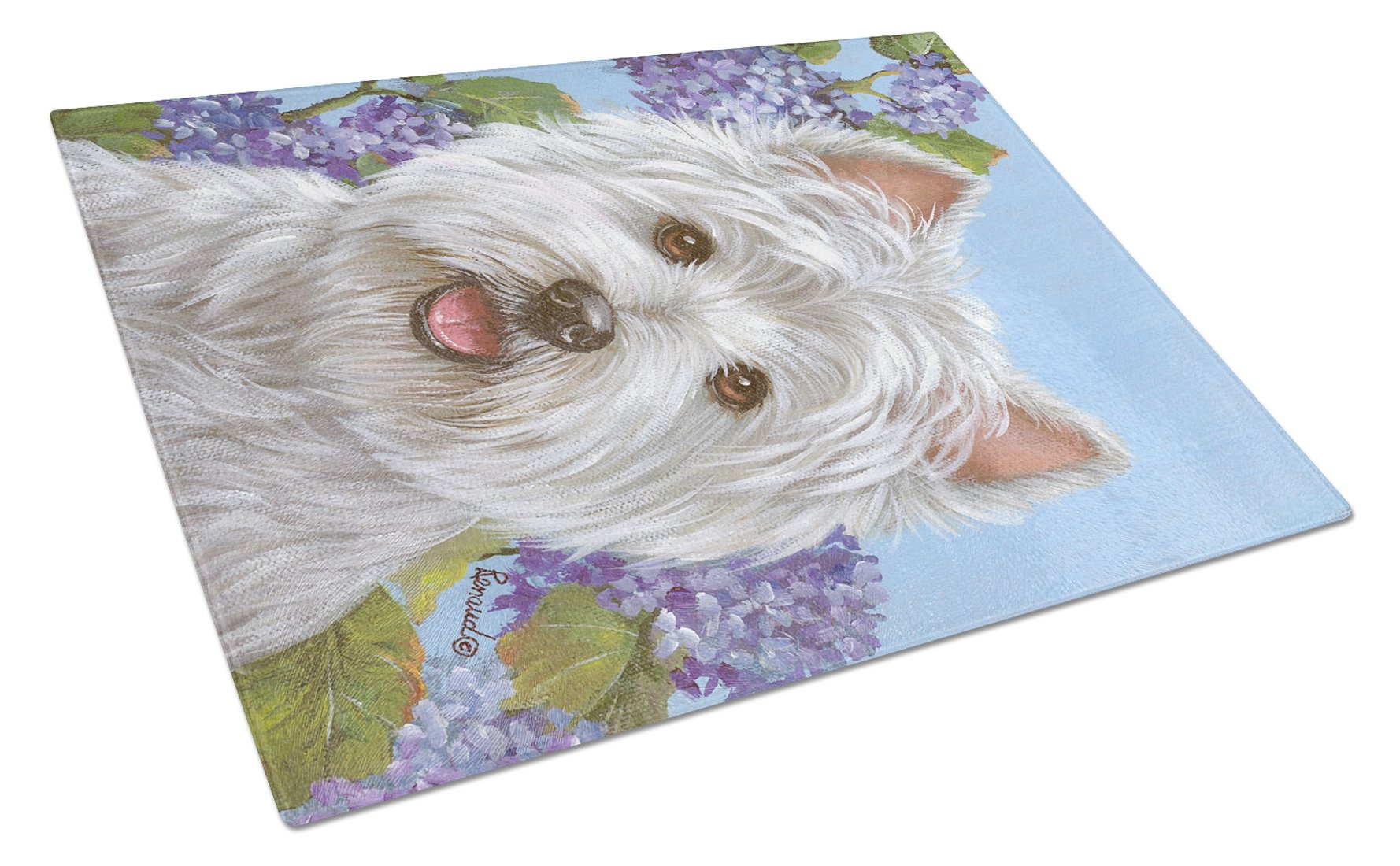 Westie Hydrangea Cutting Board Tempered Glass Kitchen Cutting Surface, Heat Resistant Chopping, Non-Slip Feet, Food Prep & Serving
