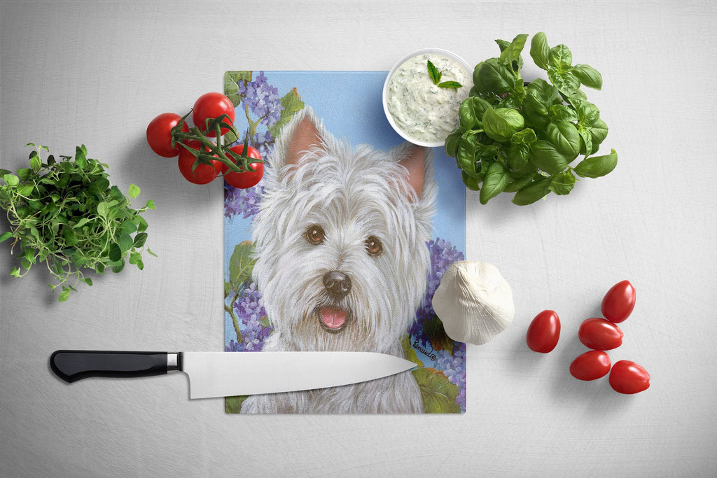 Westie Hydrangea Cutting Board Tempered Glass Kitchen Cutting Surface, Heat Resistant Chopping, Non-Slip Feet, Food Prep & Serving