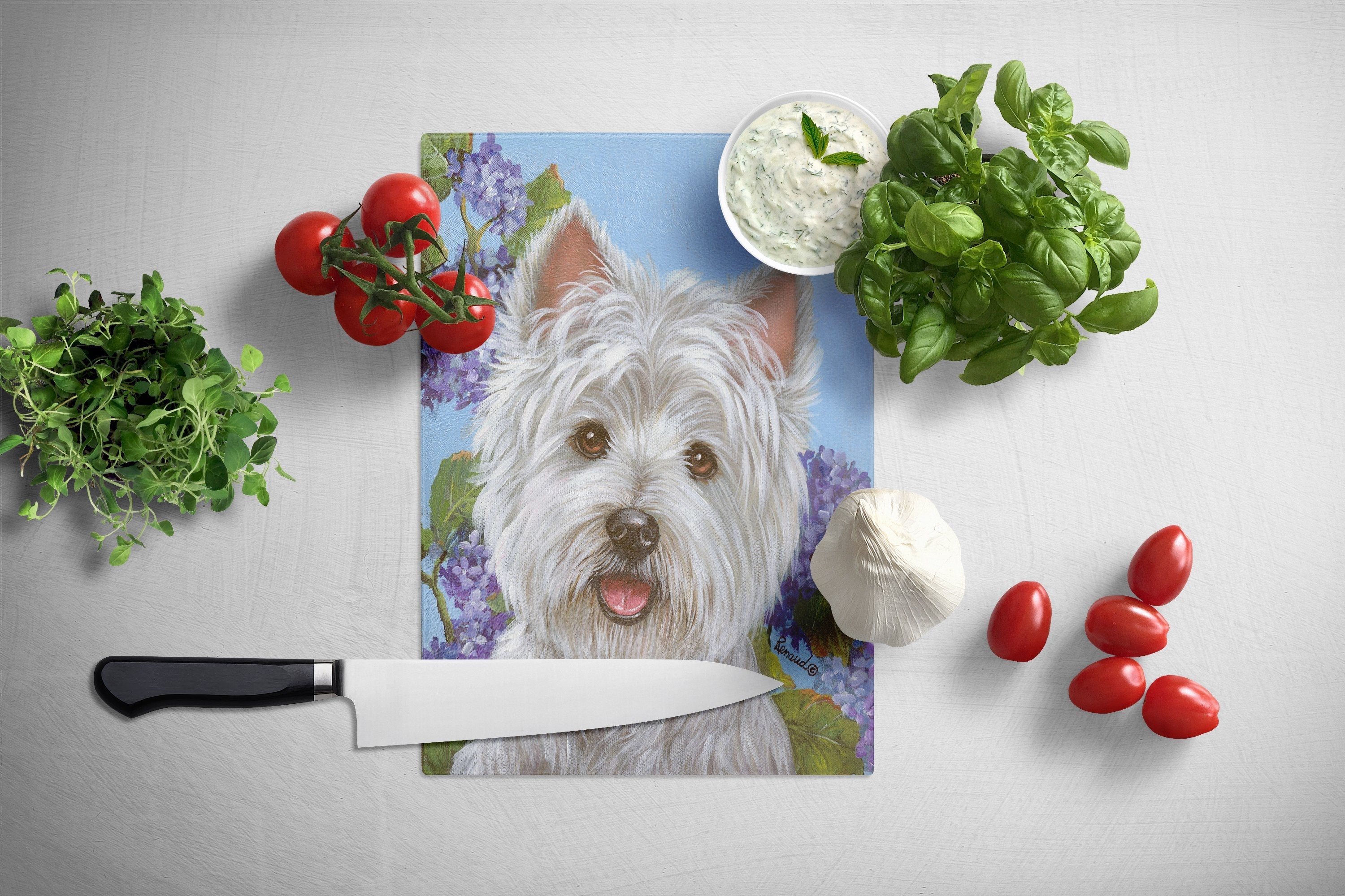 Westie Hydrangea Cutting Board Tempered Glass Kitchen Cutting Surface, Heat Resistant Chopping, Non-Slip Feet, Food Prep & Serving