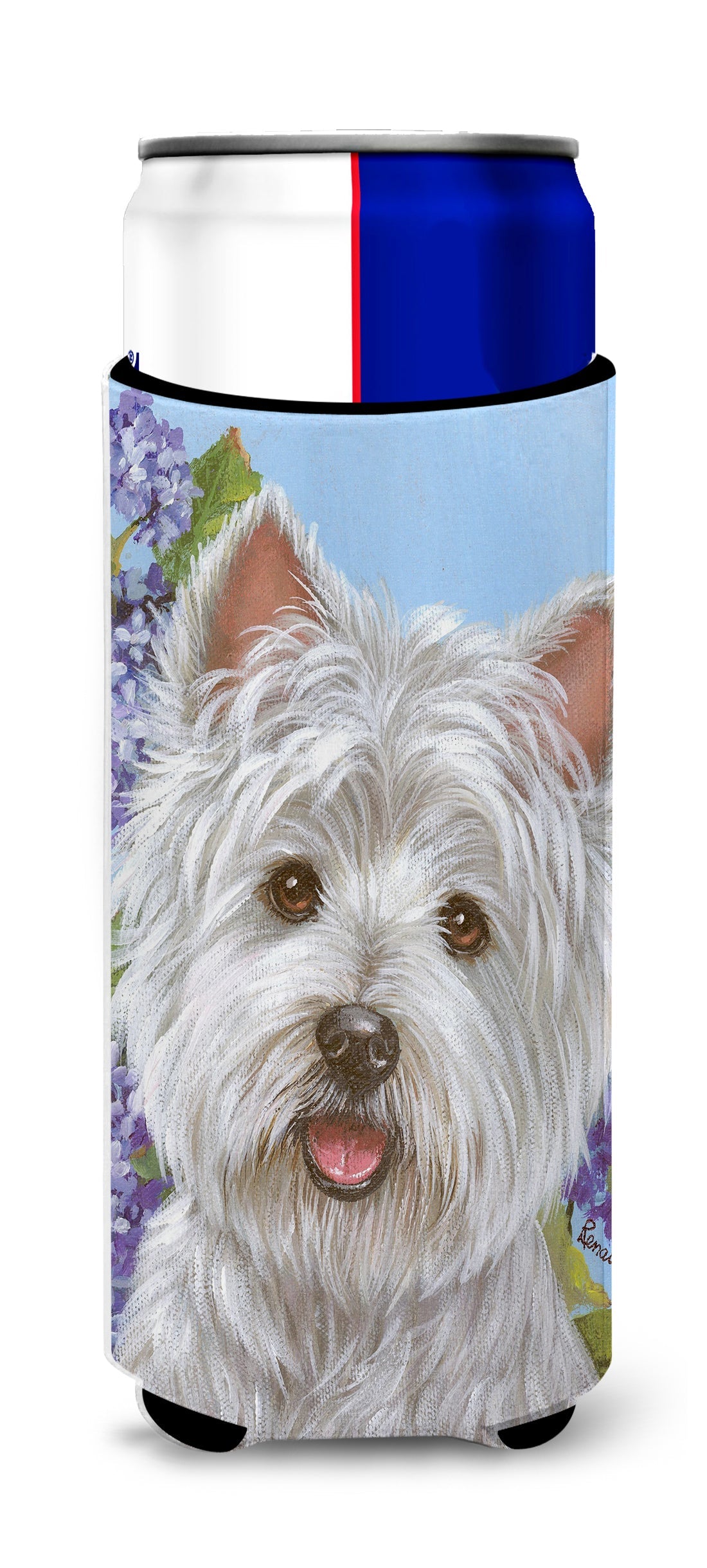 Westie Hydrangea Slim Can Hugger , Insulated Foam Hugger for 12 oz Slim Cans, Beer Bottles & Water Bottles, Printed in USA
