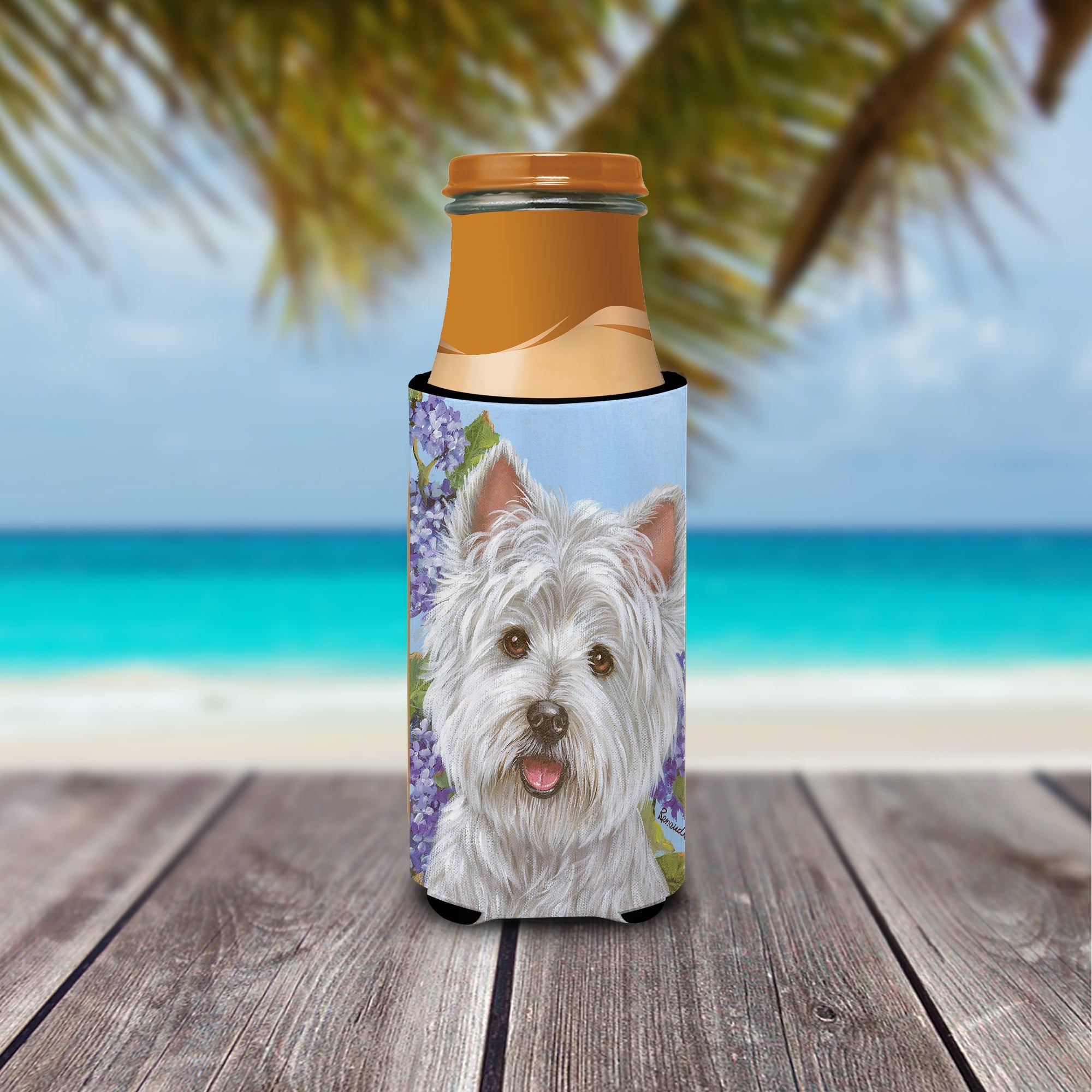 Westie Hydrangea Slim Can Hugger , Insulated Foam Hugger for 12 oz Slim Cans, Beer Bottles & Water Bottles, Printed in USA