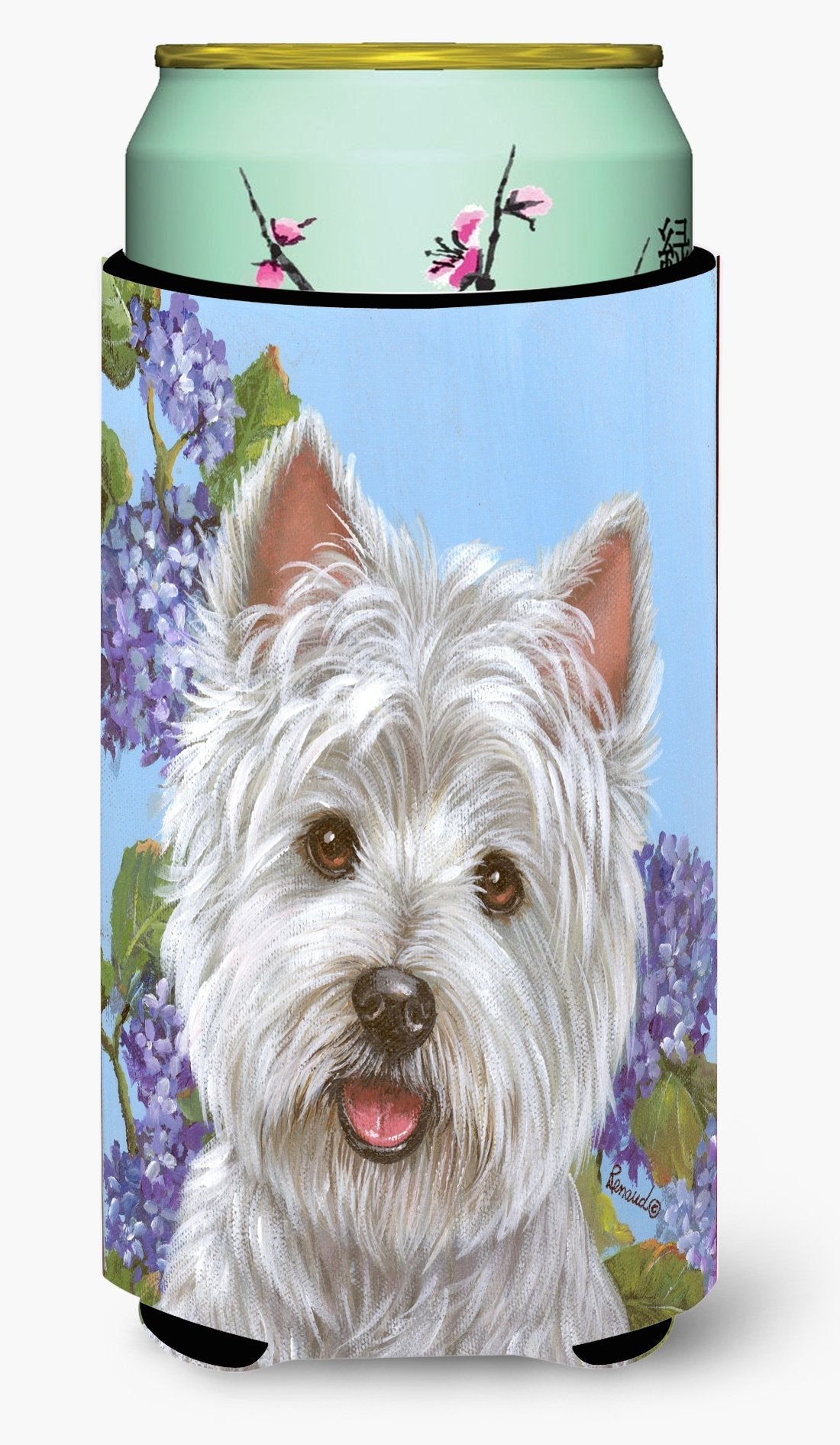 Westie Hydrangea Tall Boy Hugger Can Cooler Sleeve Machine Washable Drink Collapsible Insulator Beverage Insulated Holder