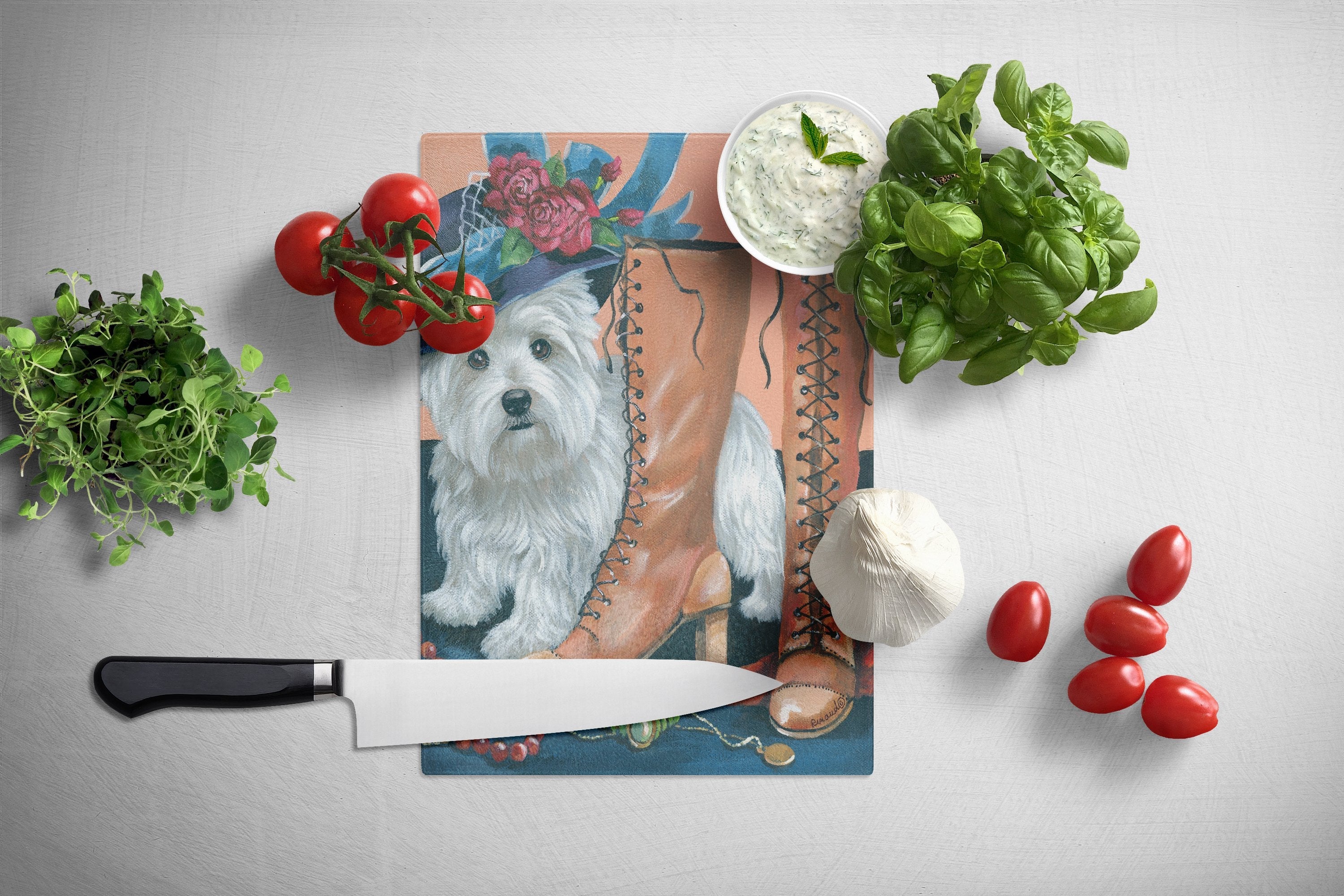 Westie in Mom's Closet Cutting Board Tempered Glass Kitchen Cutting Surface, Heat Resistant Chopping, Non-Slip Feet, Food Prep & Serving