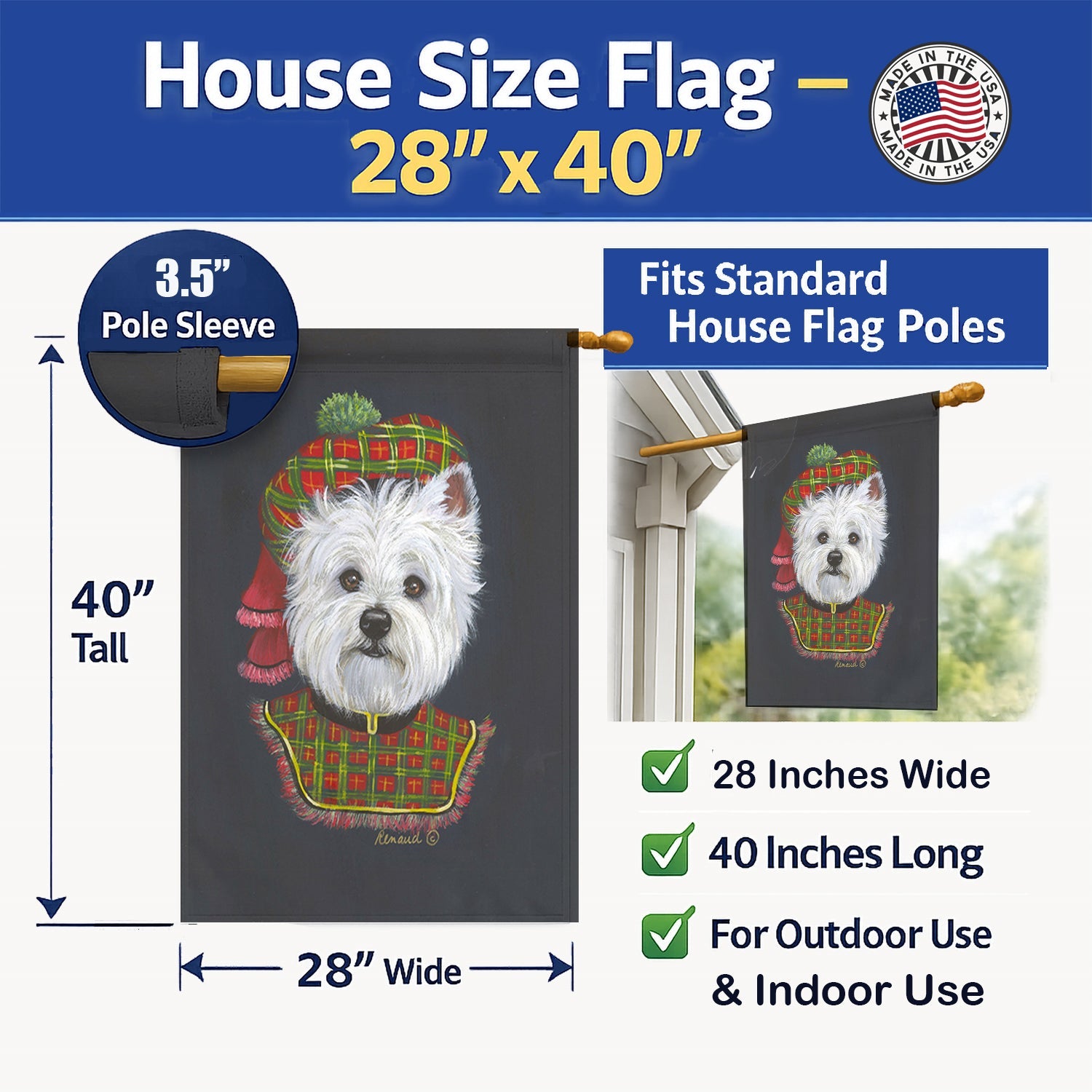 Westie Lad Plaid House Flag 28x40 Porch Sleeve Pole Decorative Outside Yard Banner Artwork Wall Hanging, Polyester