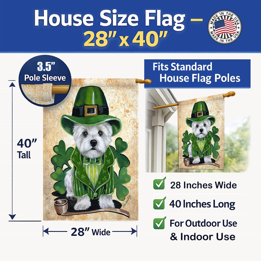 Westie St Patrick's Day Leprechaun House Flag 28x40 Porch Sleeve Pole Decorative Outside Yard Banner Artwork Wall Hanging, Polyester