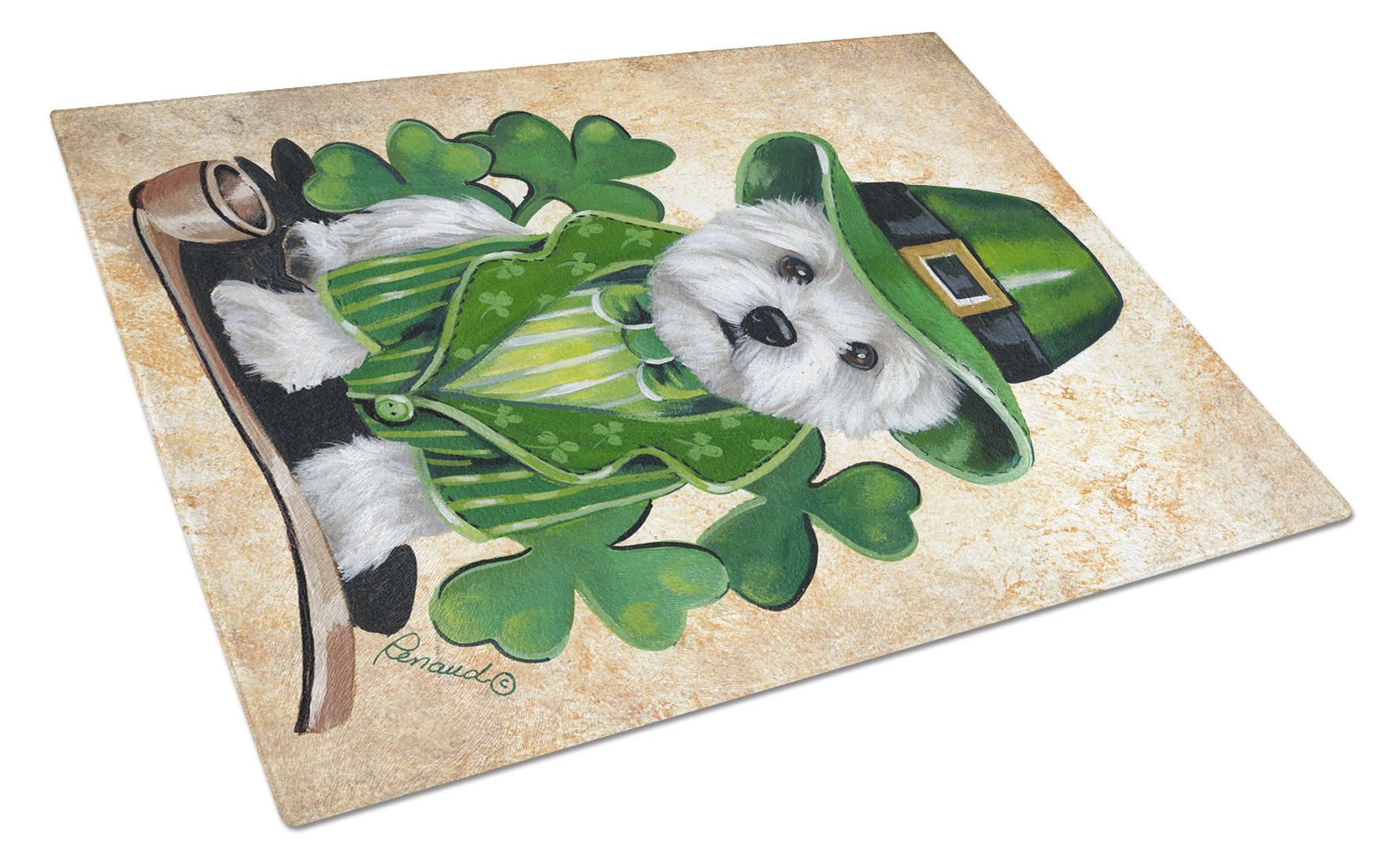 Westie St Patrick's Day Leprechaun Cutting Board Tempered Glass Kitchen Cutting Surface, Heat Resistant Chopping, Non-Slip Feet, Food Prep & Serving