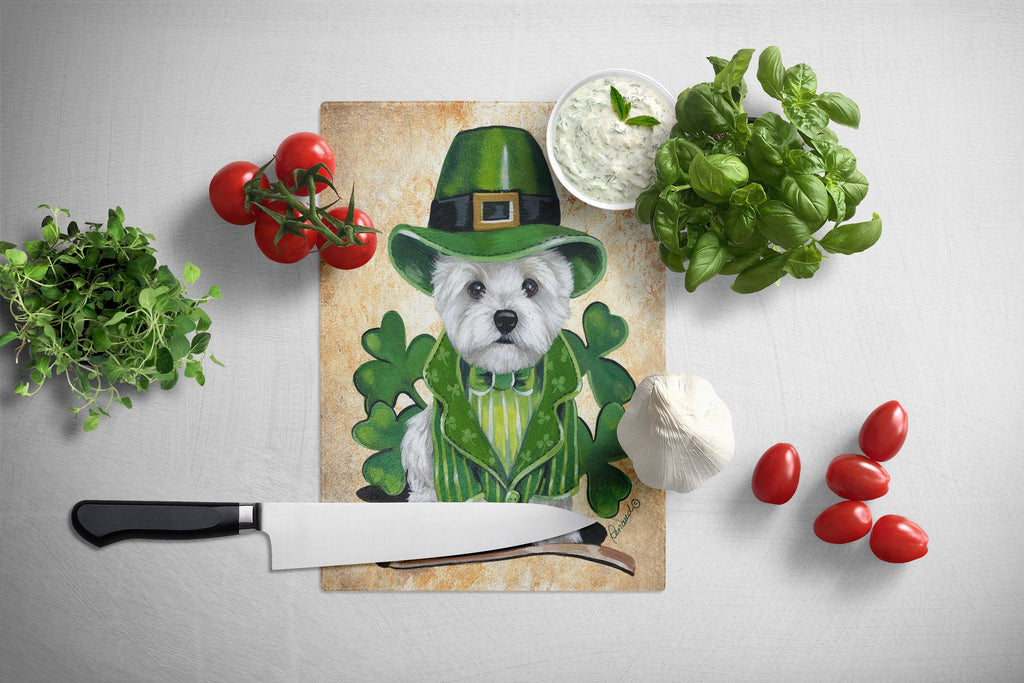 Westie St Patrick's Day Leprechaun Cutting Board Tempered Glass Kitchen Cutting Surface, Heat Resistant Chopping, Non-Slip Feet, Food Prep & Serving