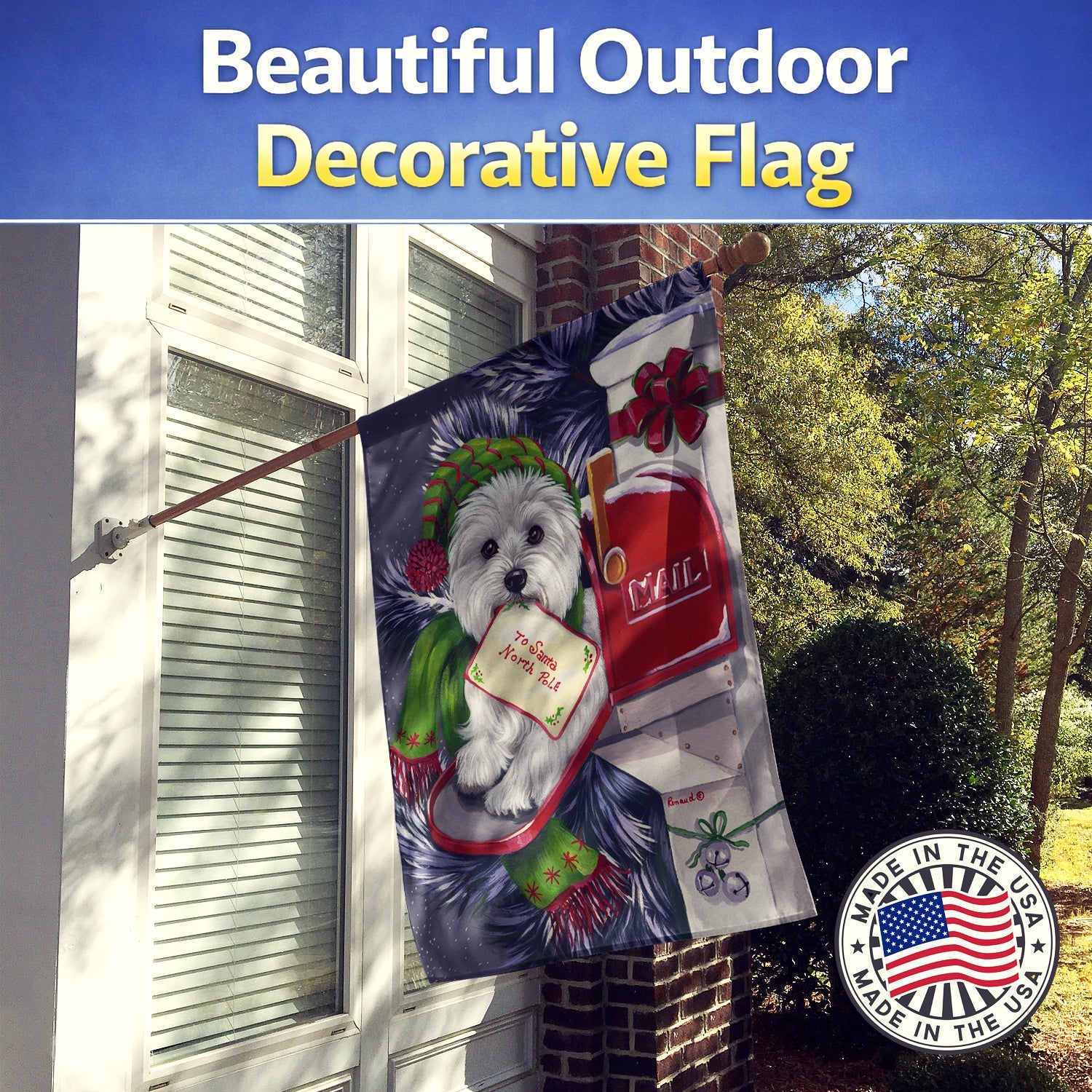 Westie Christmas Letter to Santa House Flag 28x40 Porch Sleeve Pole Decorative Outside Yard Banner Artwork Wall Hanging, Polyester