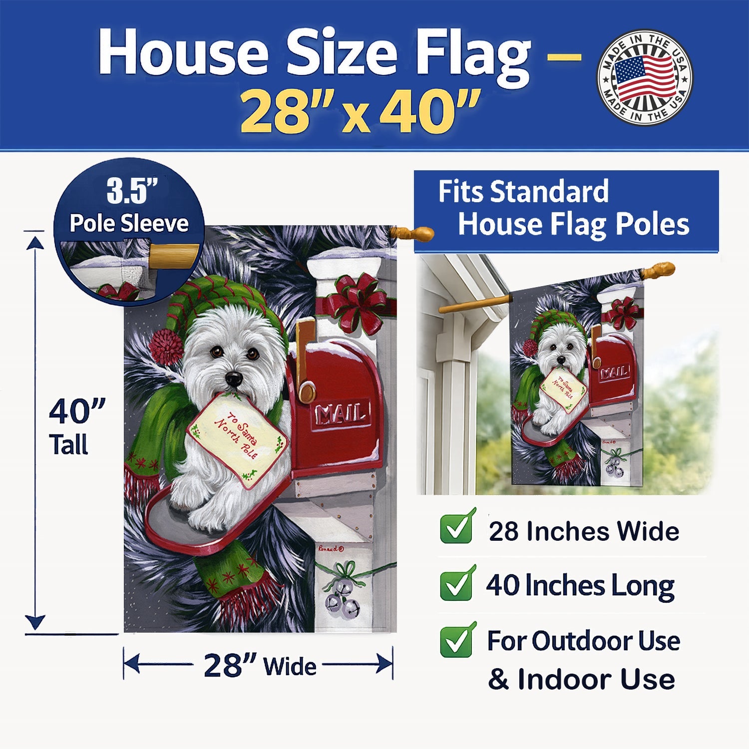 Westie Christmas Letter to Santa House Flag 28x40 Porch Sleeve Pole Decorative Outside Yard Banner Artwork Wall Hanging, Polyester