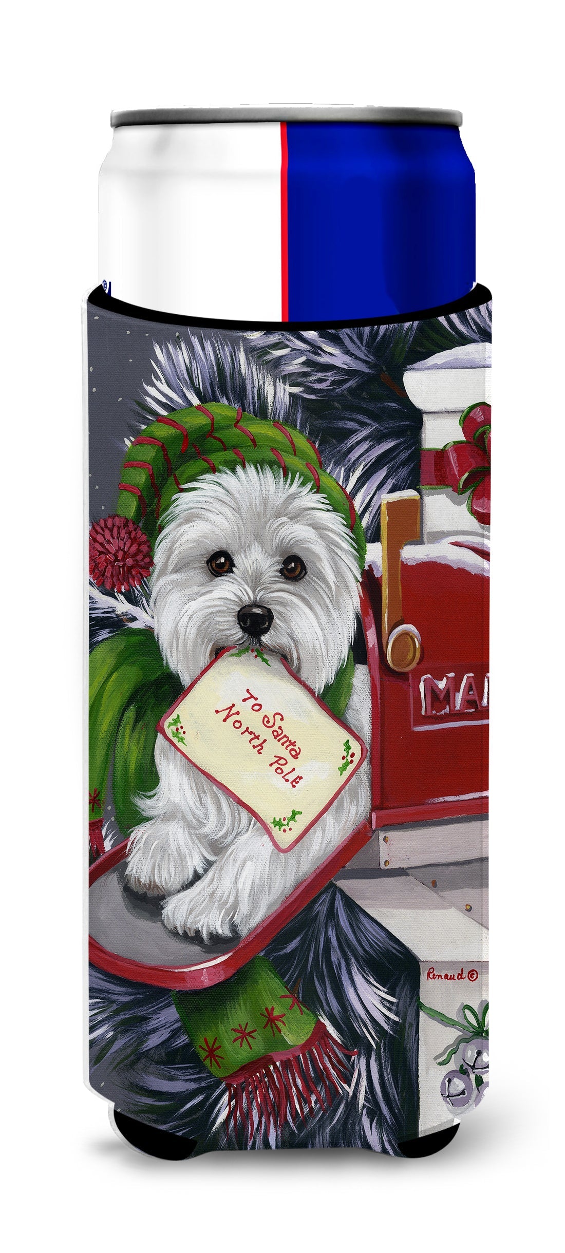 Westie Christmas Letter to Santa Slim Can Hugger , Insulated Foam Hugger for 12 oz Slim Cans, Beer Bottles & Water Bottles, Printed in USA