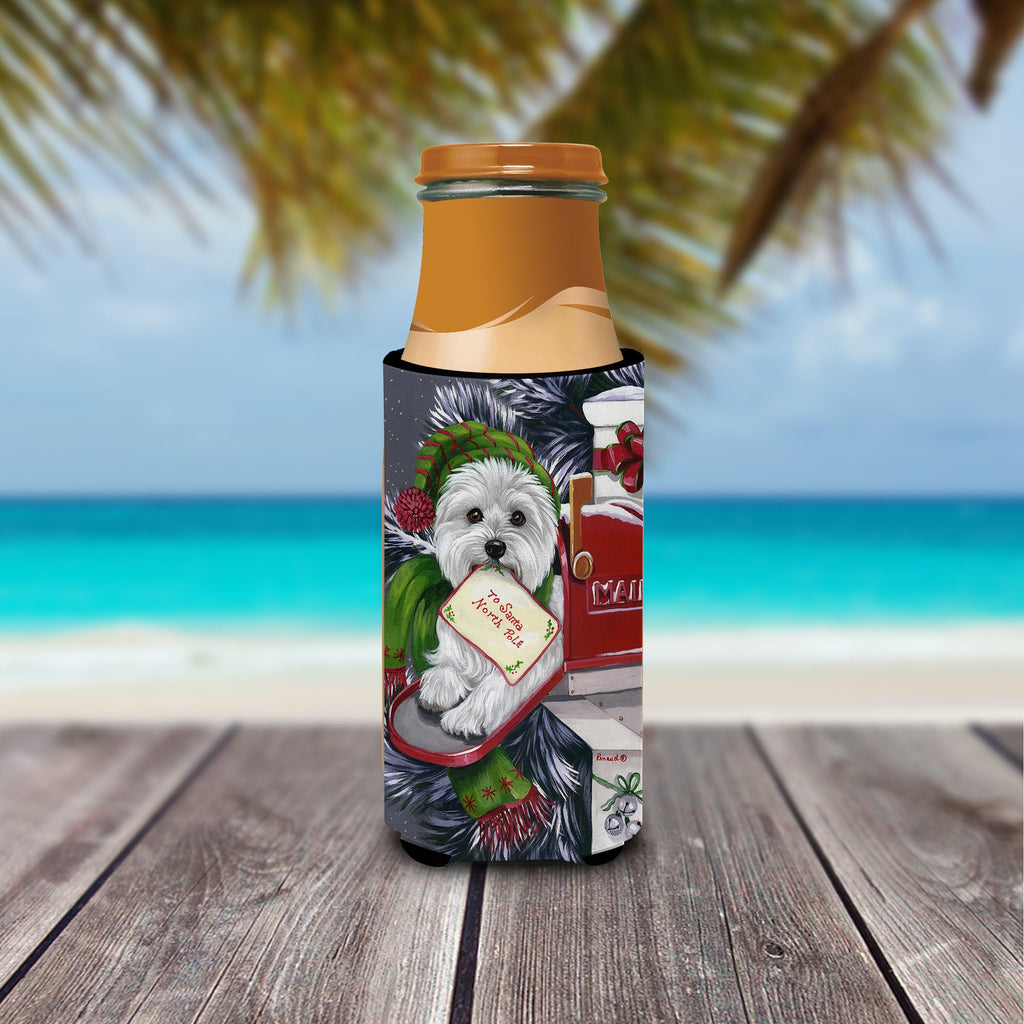 Westie Christmas Letter to Santa Slim Can Hugger , Insulated Foam Hugger for 12 oz Slim Cans, Beer Bottles & Water Bottles, Printed in USA