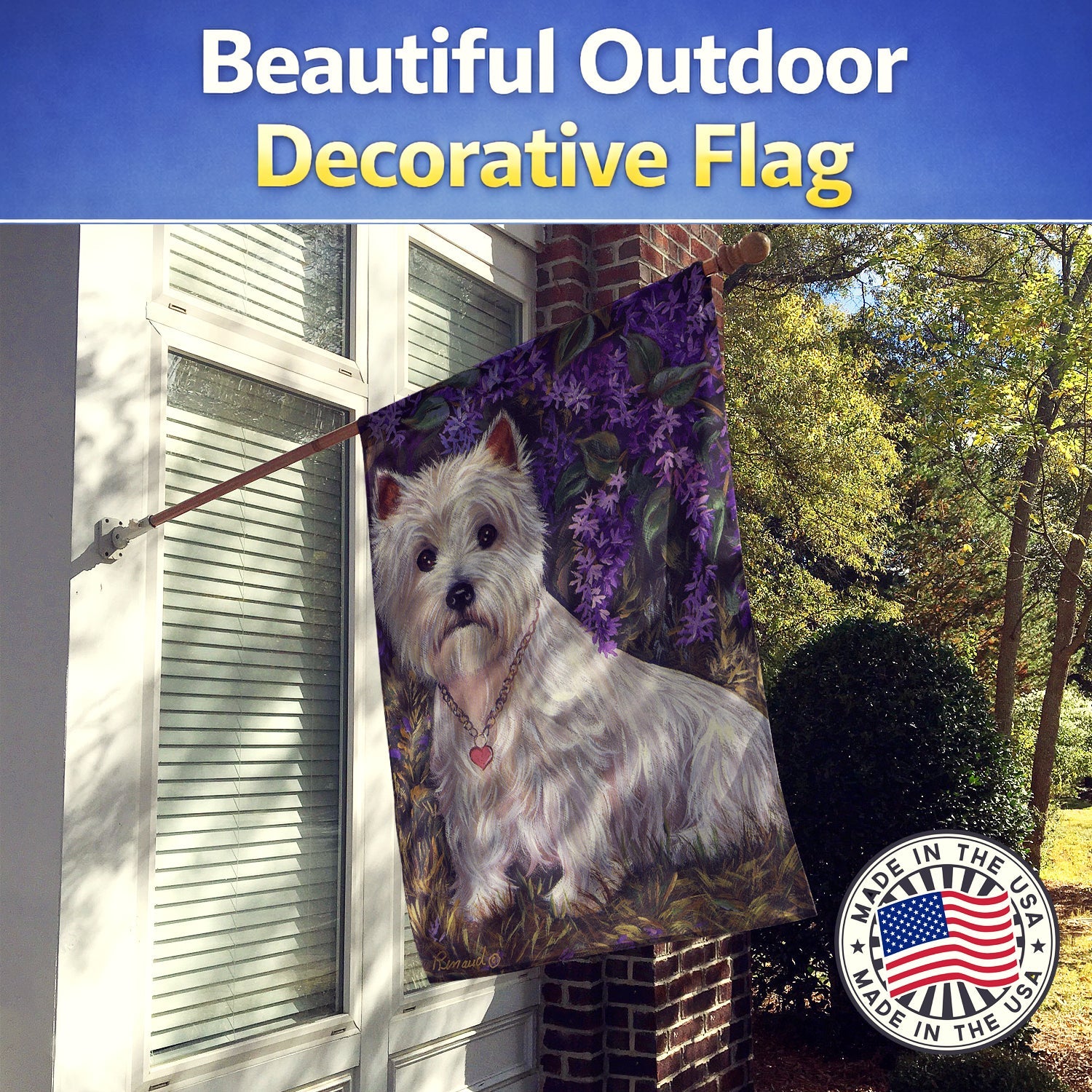 Westie Lily & Lilacs House Flag 28x40 Porch Sleeve Pole Decorative Outside Yard Banner Artwork Wall Hanging, Polyester