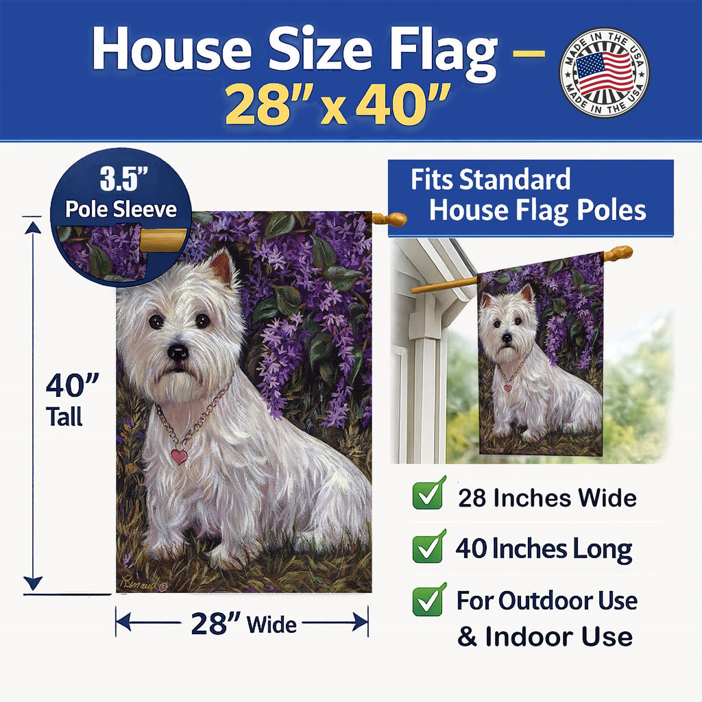 Westie Lily & Lilacs House Flag 28x40 Porch Sleeve Pole Decorative Outside Yard Banner Artwork Wall Hanging, Polyester