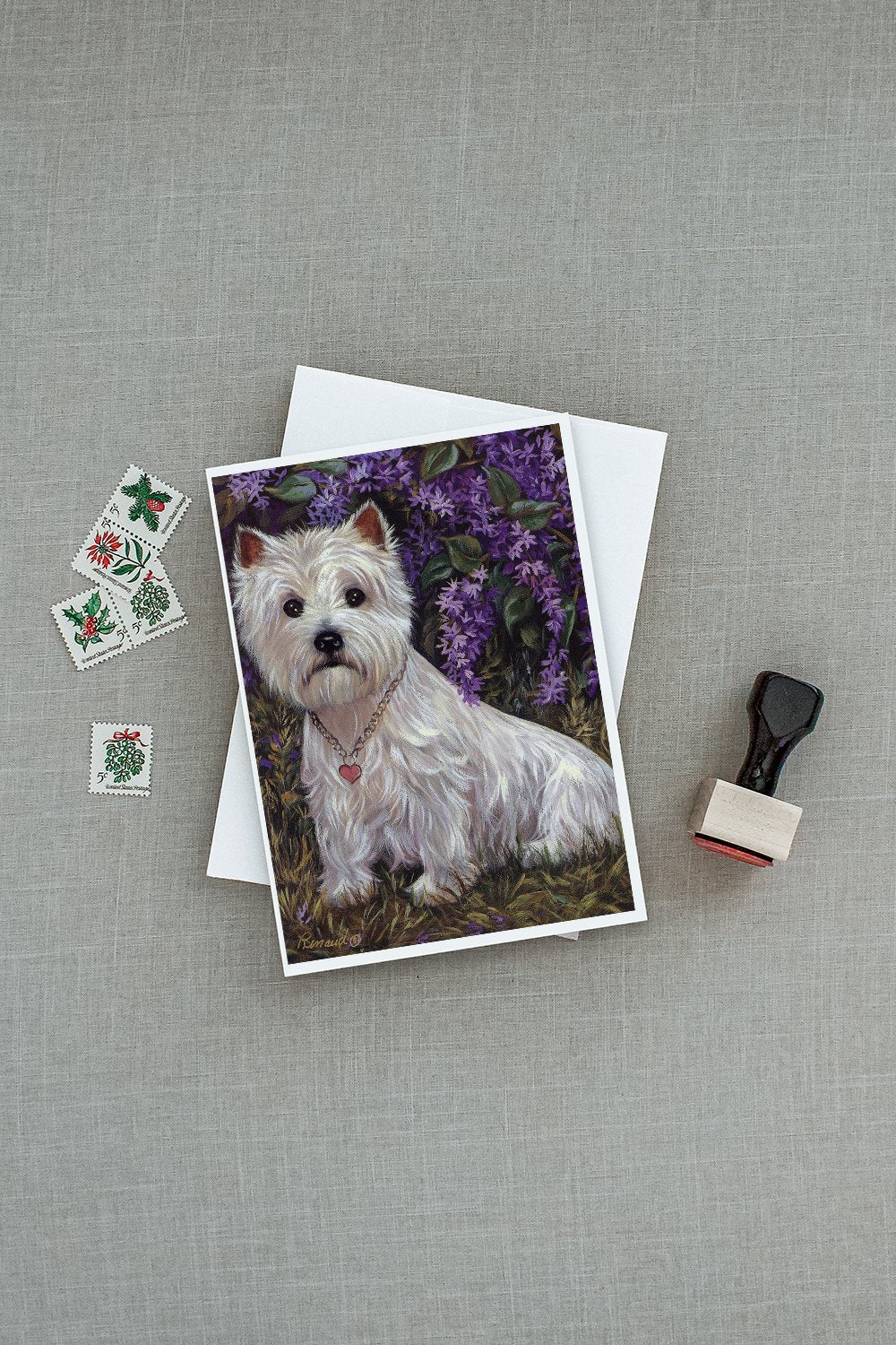 Westie Lily & Lilacs Greeting Cards Pack of 8 Blank Cards with Envelopes Whimsical A7 Size 5x7