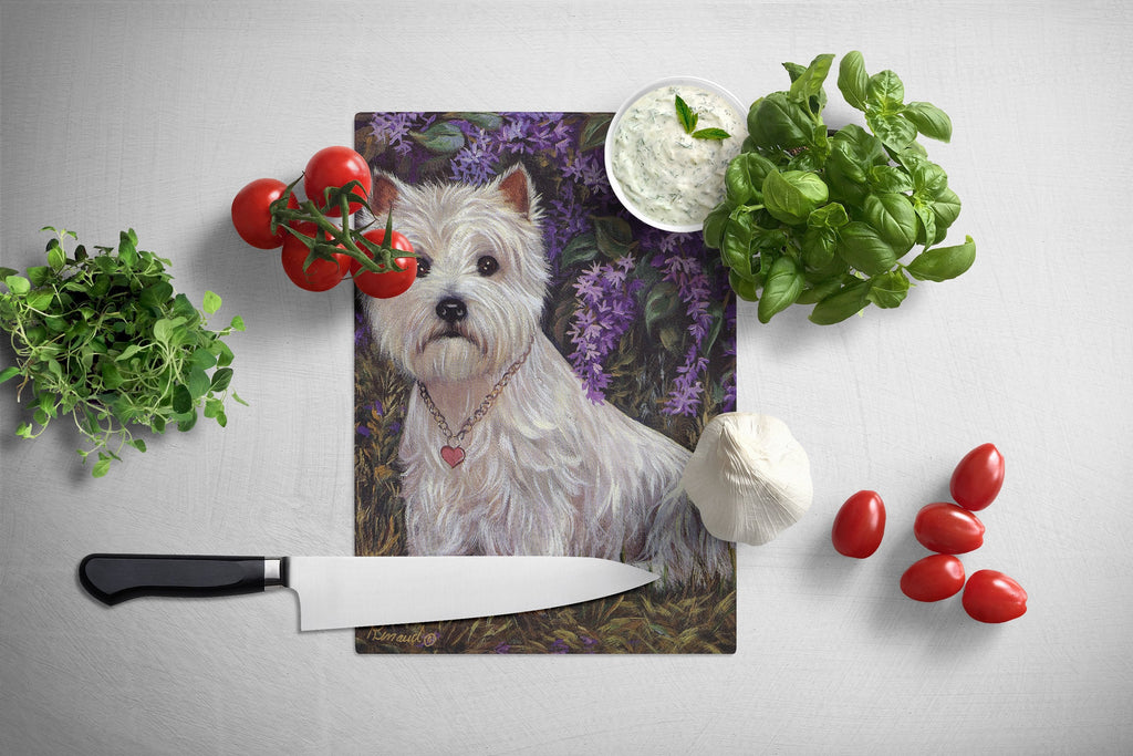 Westie Lily & Lilacs Cutting Board Tempered Glass Kitchen Cutting Surface, Heat Resistant Chopping, Non-Slip Feet, Food Prep & Serving
