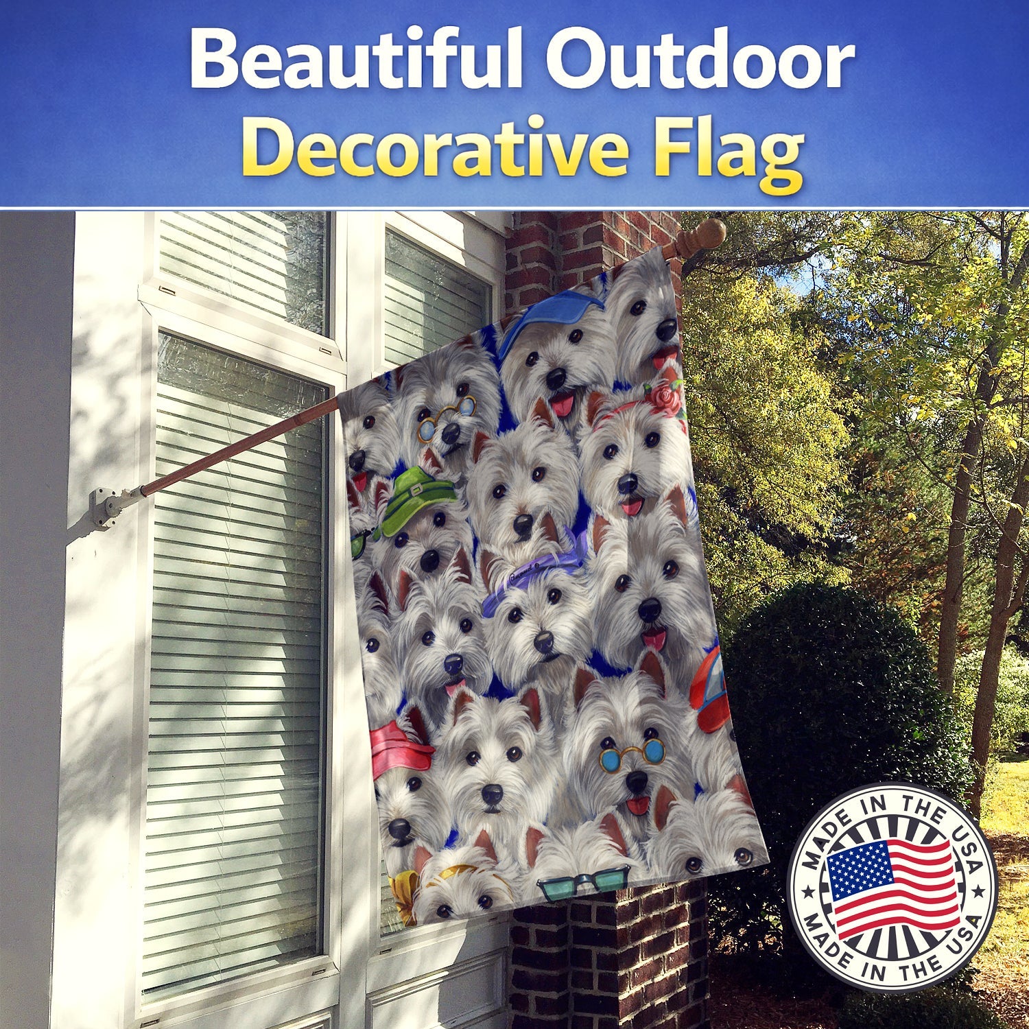 Westie Many Faces House Flag 28x40 Porch Sleeve Pole Decorative Outside Yard Banner Artwork Wall Hanging, Polyester