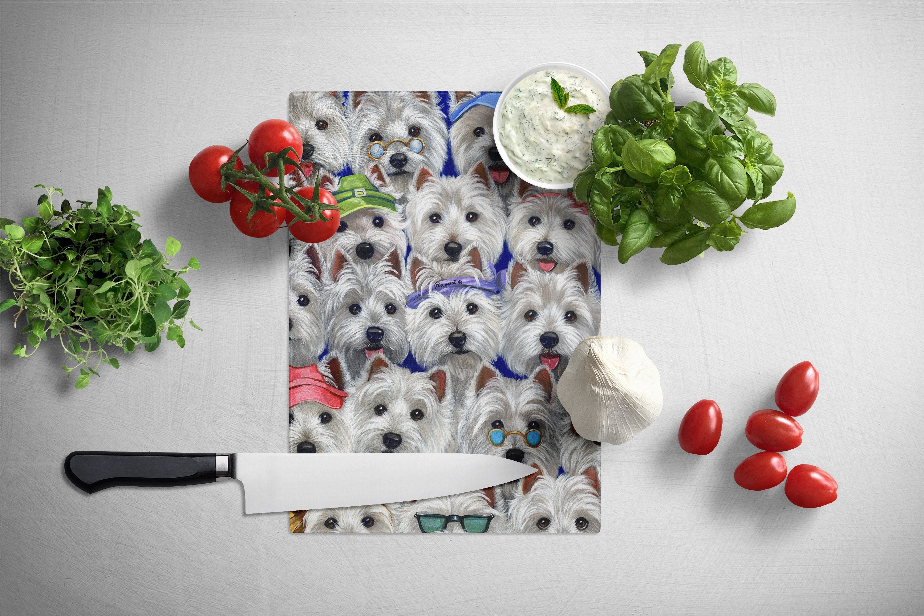 Westie Many Faces Cutting Board Tempered Glass Kitchen Cutting Surface, Heat Resistant Chopping, Non-Slip Feet, Food Prep & Serving