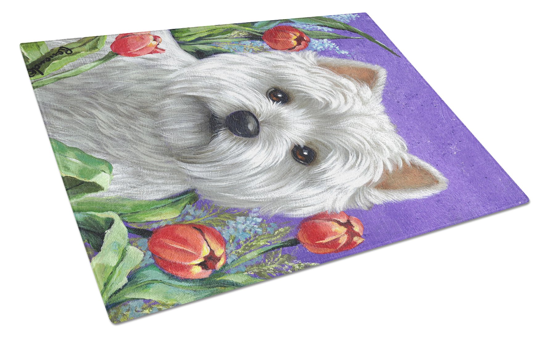 Westie Paradise Cutting Board Tempered Glass Kitchen Cutting Surface, Heat Resistant Chopping, Non-Slip Feet, Food Prep & Serving