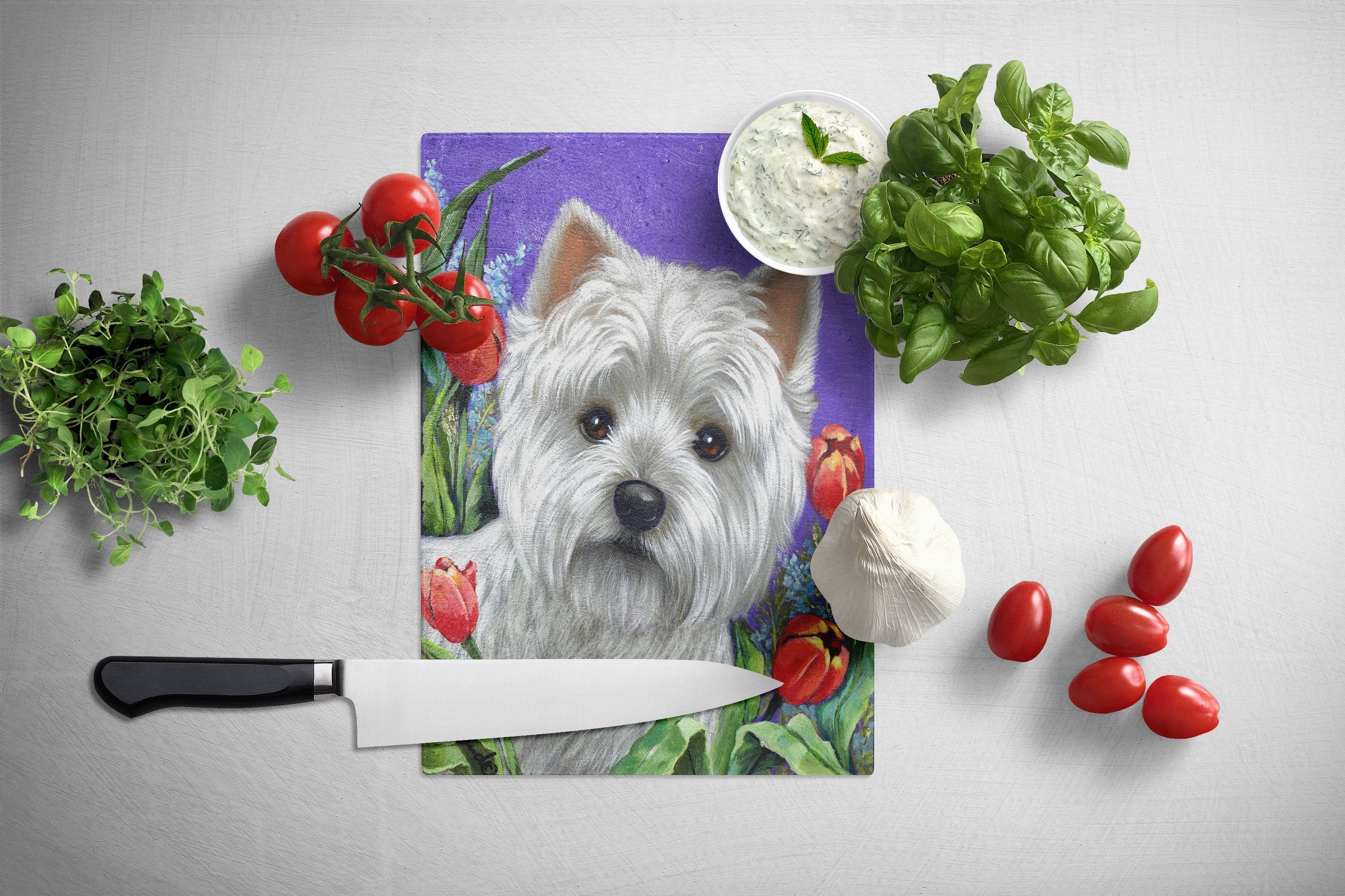 Westie Paradise Cutting Board Tempered Glass Kitchen Cutting Surface, Heat Resistant Chopping, Non-Slip Feet, Food Prep & Serving