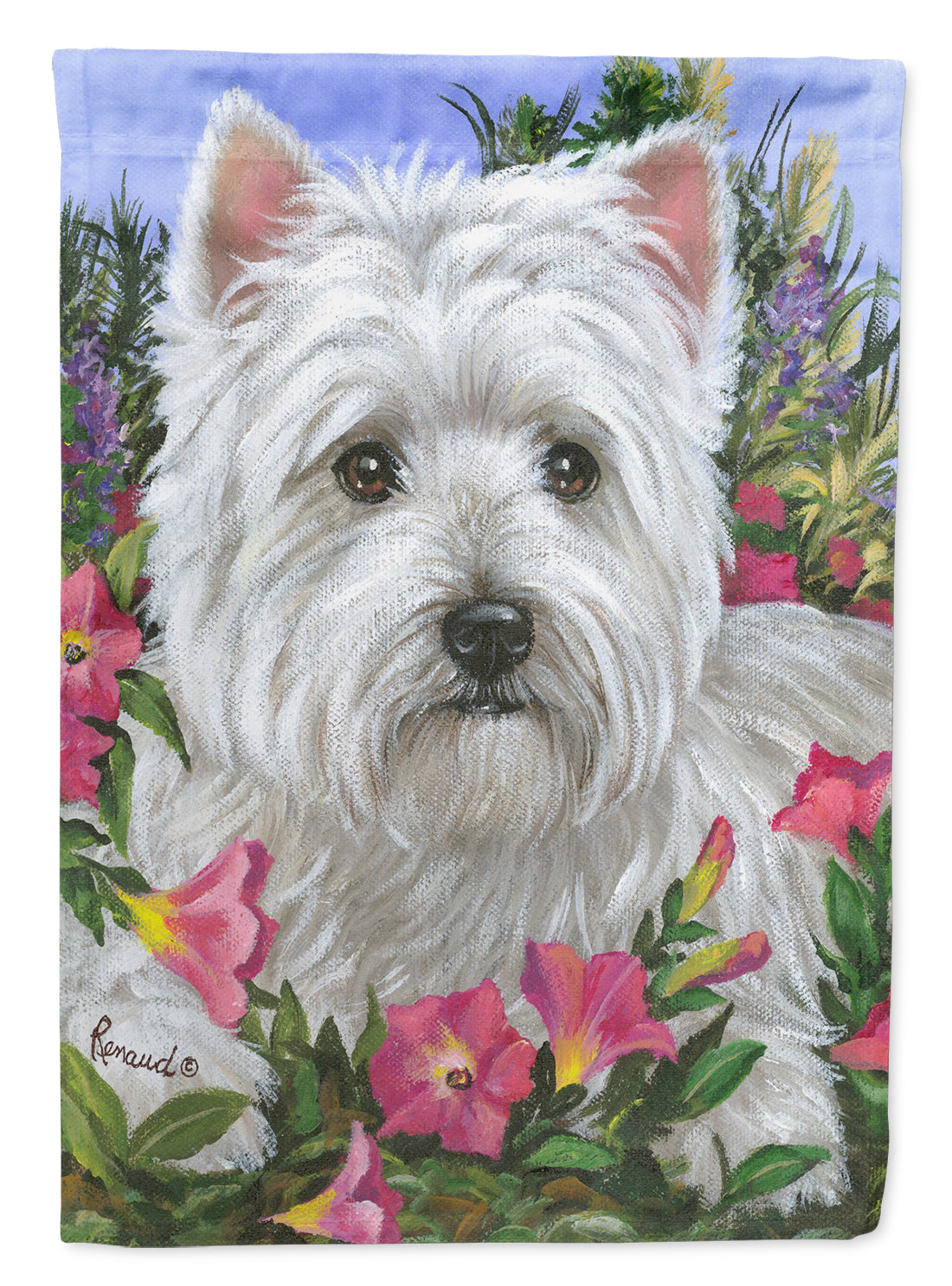 Westie Petunia House Flag 28x40 Porch Sleeve Pole Decorative Outside Yard Banner Artwork Wall Hanging, Polyester