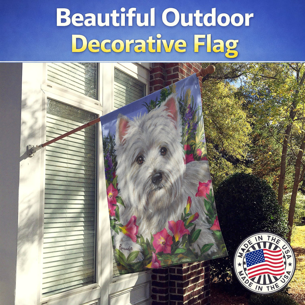 Westie Petunia House Flag 28x40 Porch Sleeve Pole Decorative Outside Yard Banner Artwork Wall Hanging, Polyester