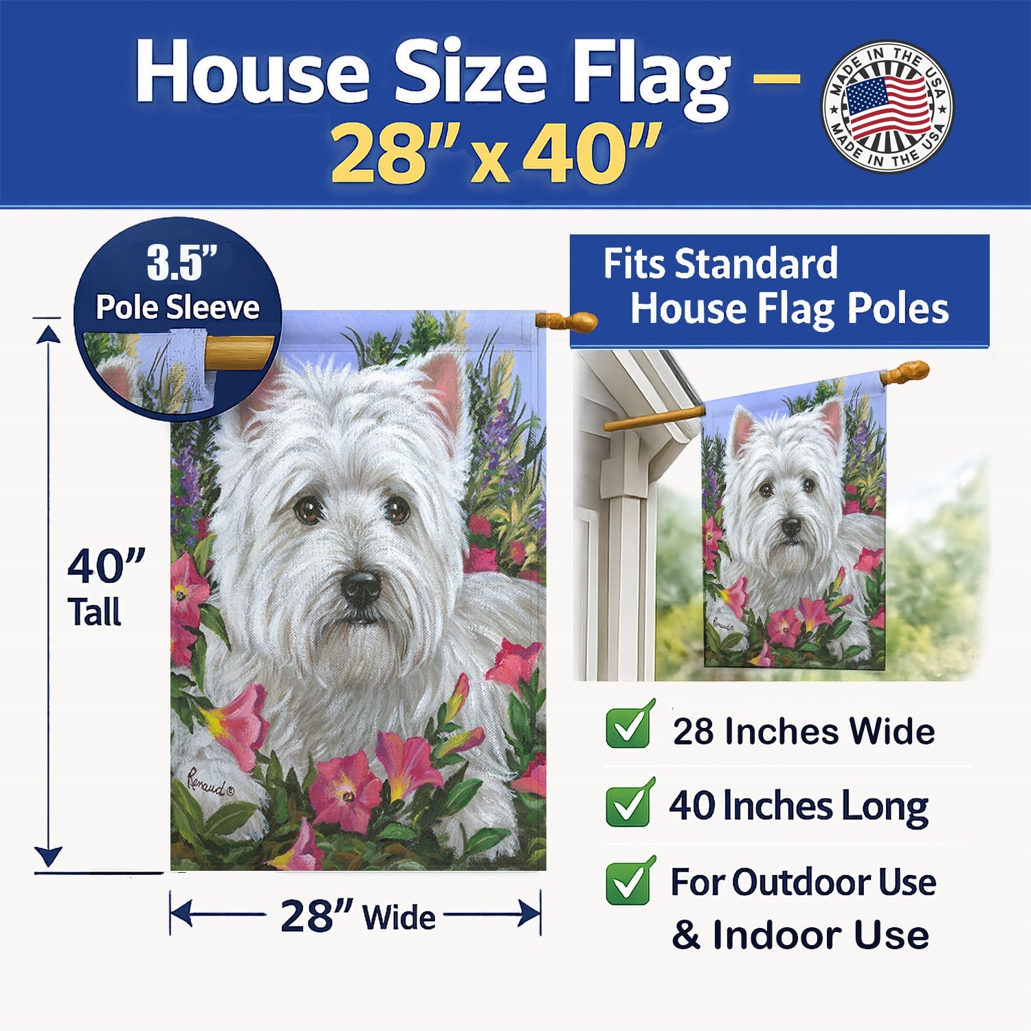 Westie Petunia House Flag 28x40 Porch Sleeve Pole Decorative Outside Yard Banner Artwork Wall Hanging, Polyester