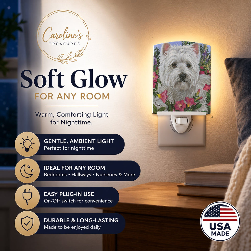 Westie Petunia Ceramic Night Light Compact, UL-Certified, Ideal for Bedroom, Bathroom, Nursery, Hallway, Kitchen, 6x4x3, Multicolor