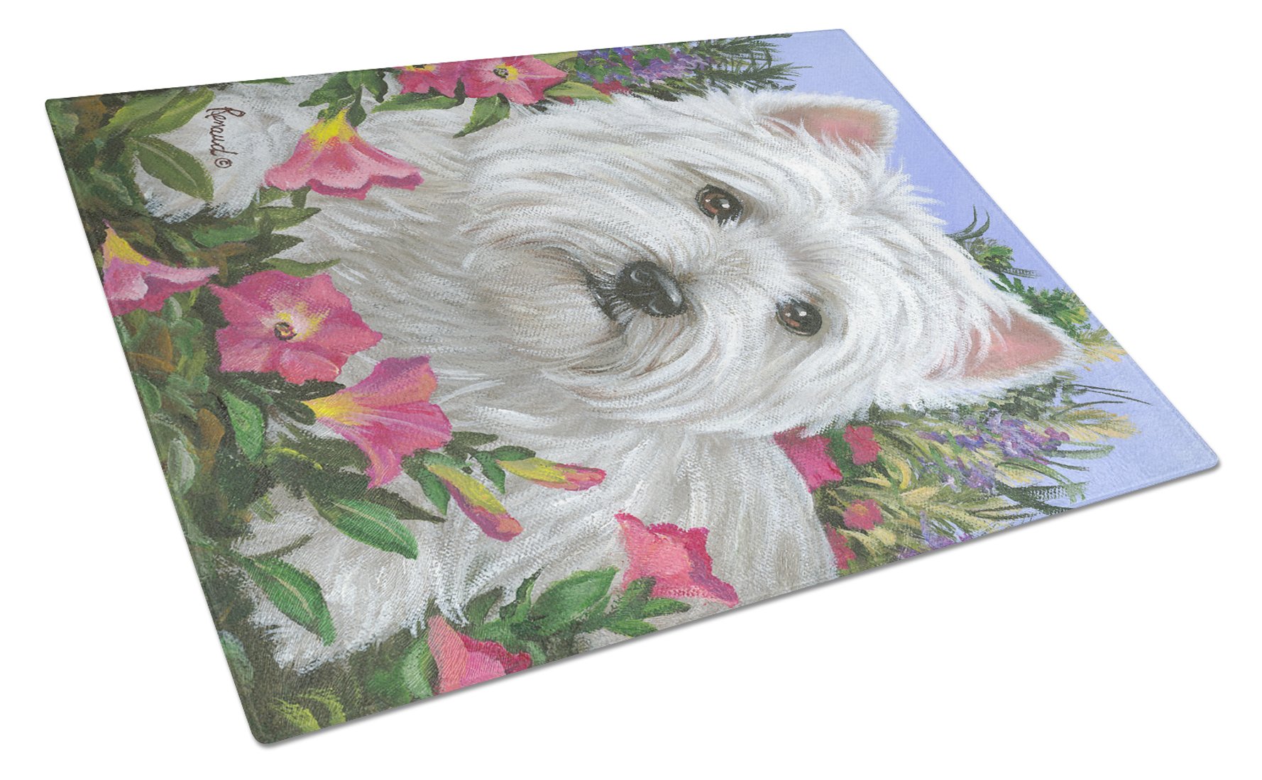Westie Petunia Cutting Board Tempered Glass Kitchen Cutting Surface, Heat Resistant Chopping, Non-Slip Feet, Food Prep & Serving
